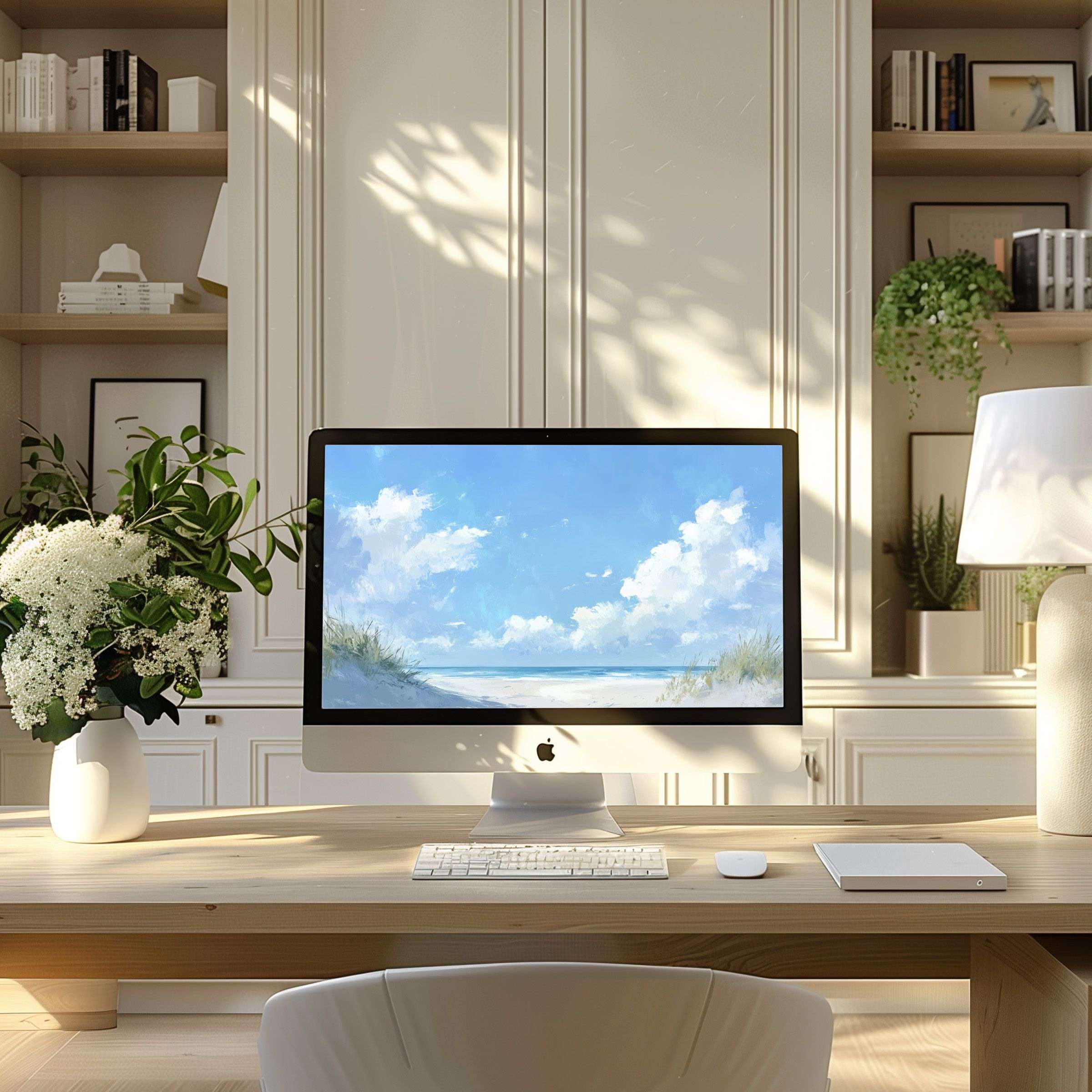 Elegant coastal digital art wallpaper for computer screens evokes calm and inspiration, ideal for PC, laptop, or ultrawide displays