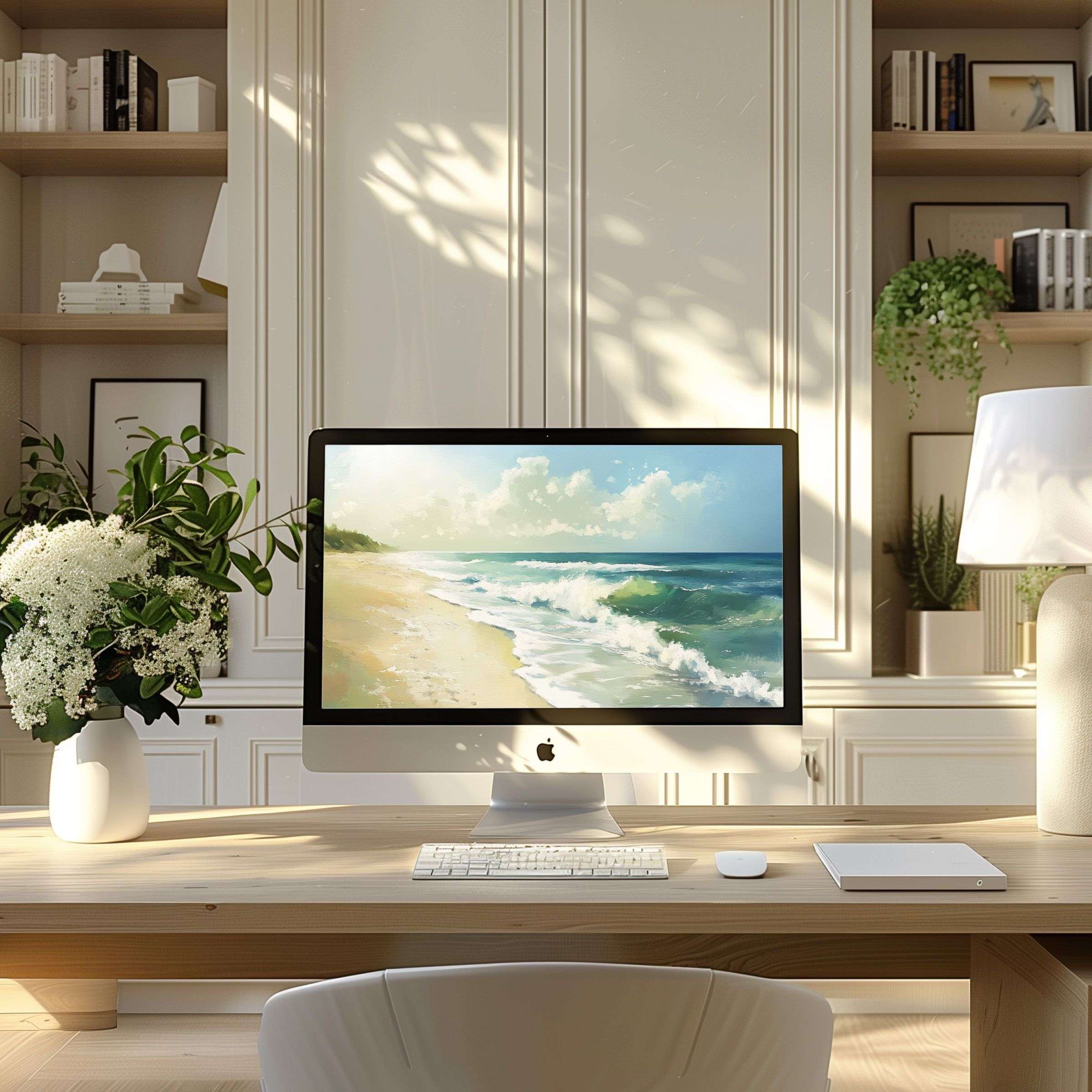 Elegant beach scene wallpaper for computer inspiring calm in a modern office perfect for any PC or Laptop digital download