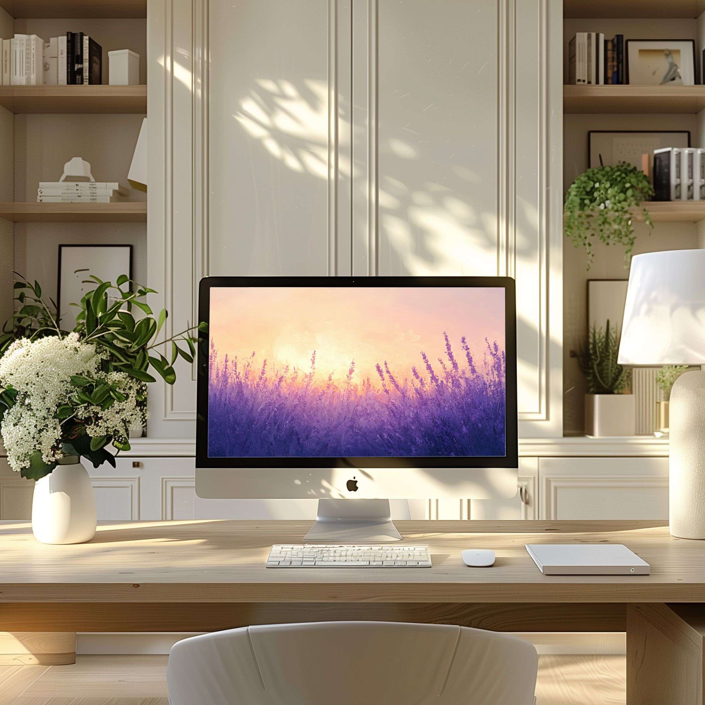 Elegant lavender sunset digital art wallpaper for computer brings calm inspiration to your modern PC or laptop home office setting
