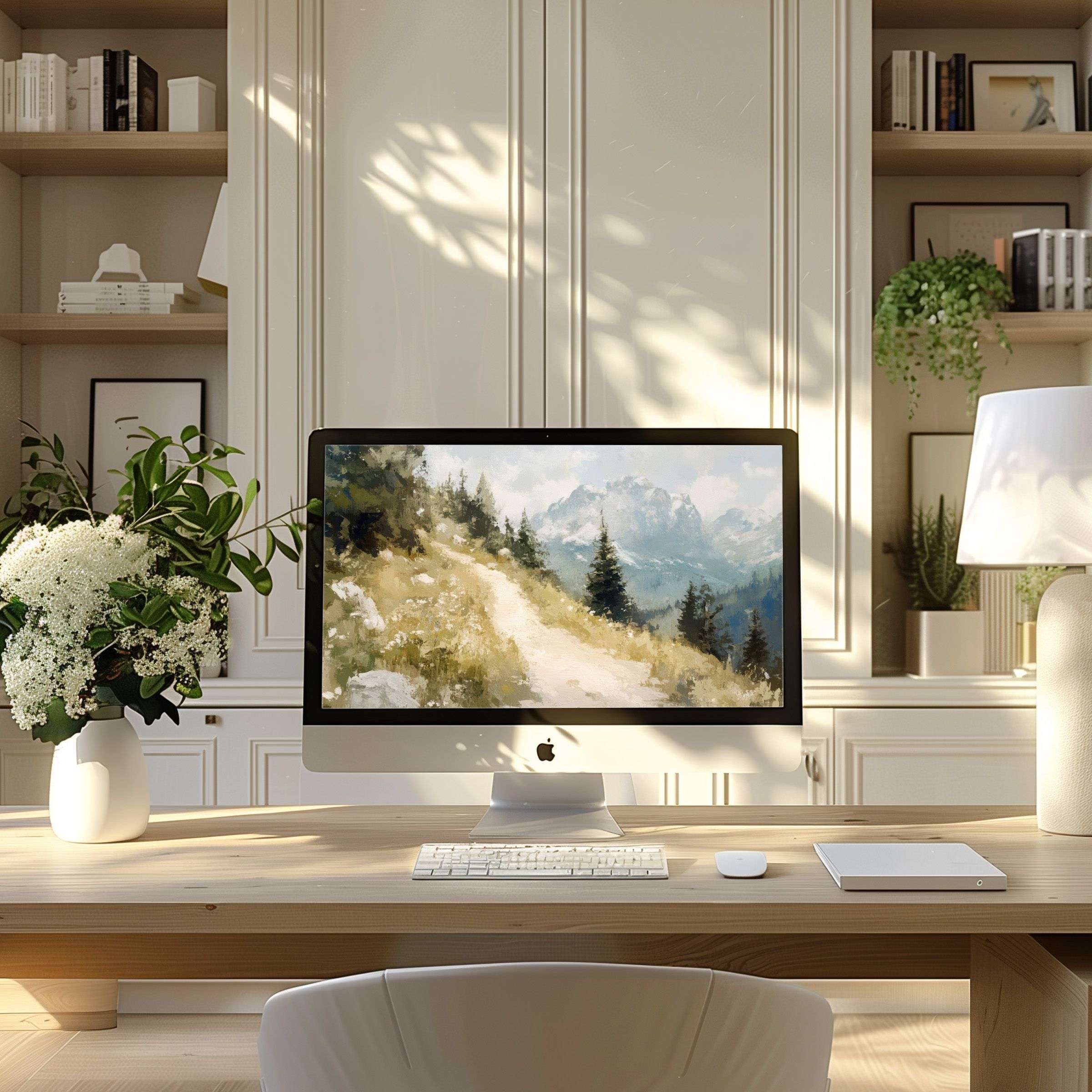 Elegant landscape wallpaper for computer fits PC, laptop, ultrawide digital download; inspires calm elegance in modern home office