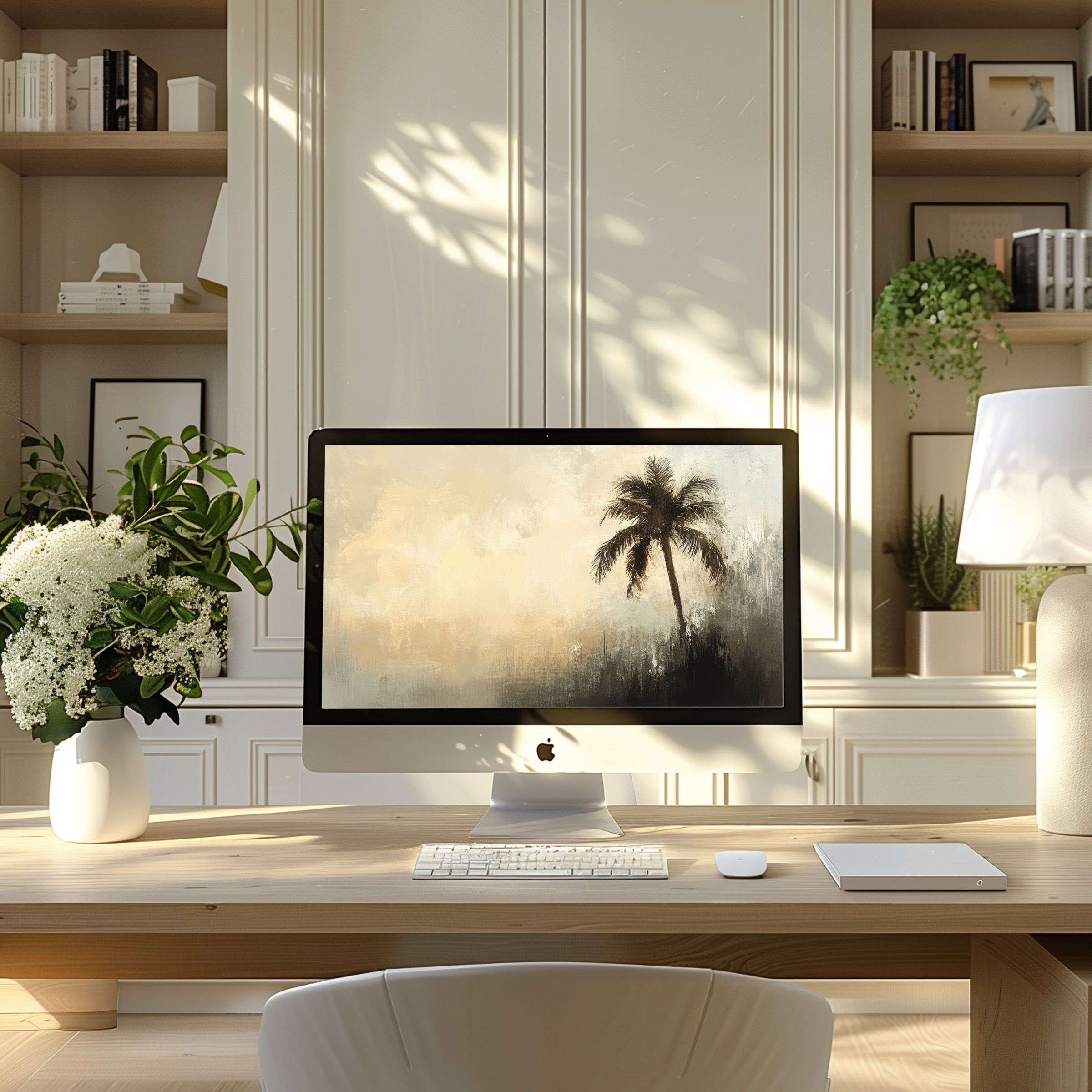 Elegant palm tree digital art on PC screen, perfect wallpaper for computer and laptop, enhancing calm, inspiration in modern home office