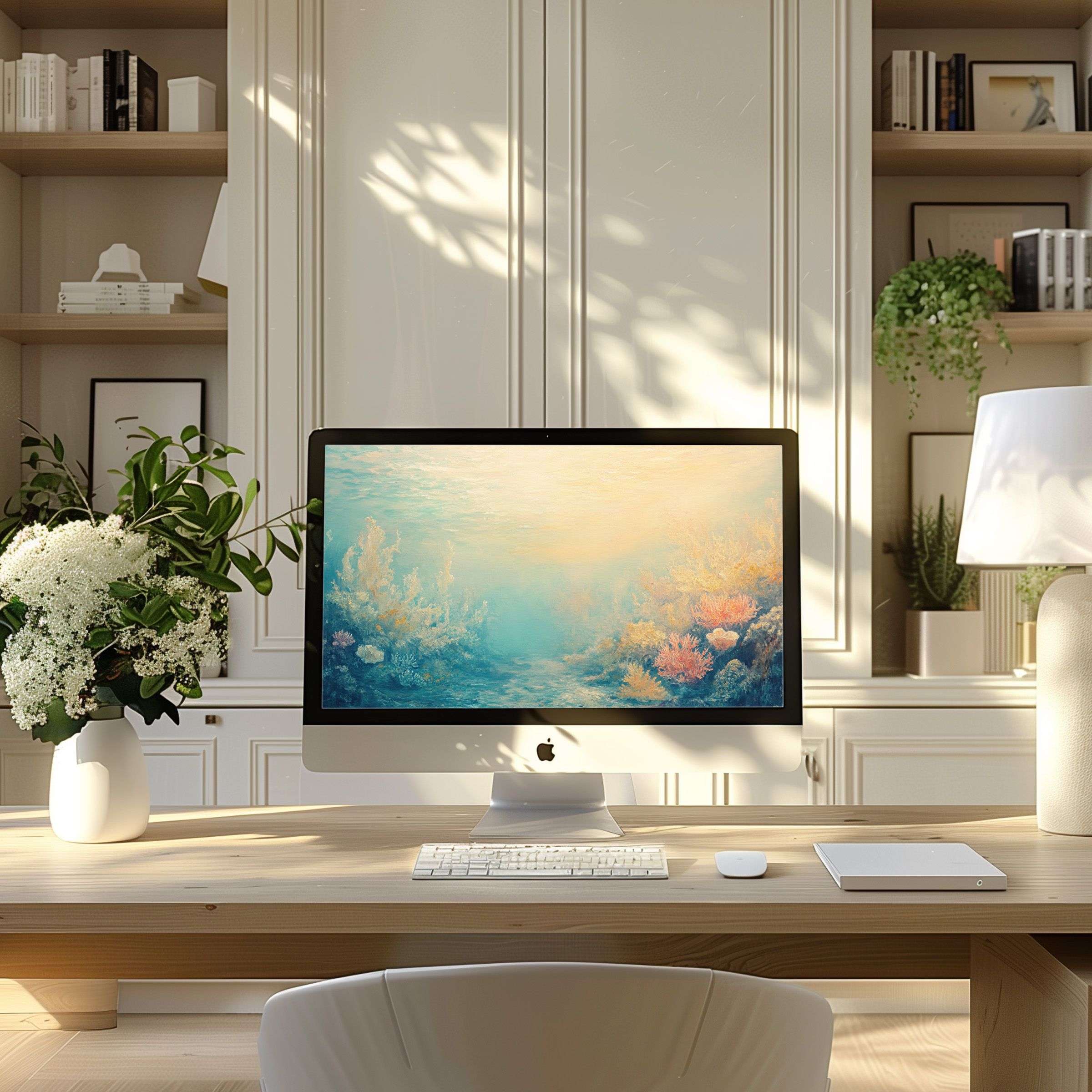 Elegant oceanic digital art in calming hues perfect as a wallpaper for computer PC or laptop in a modern home office setting
