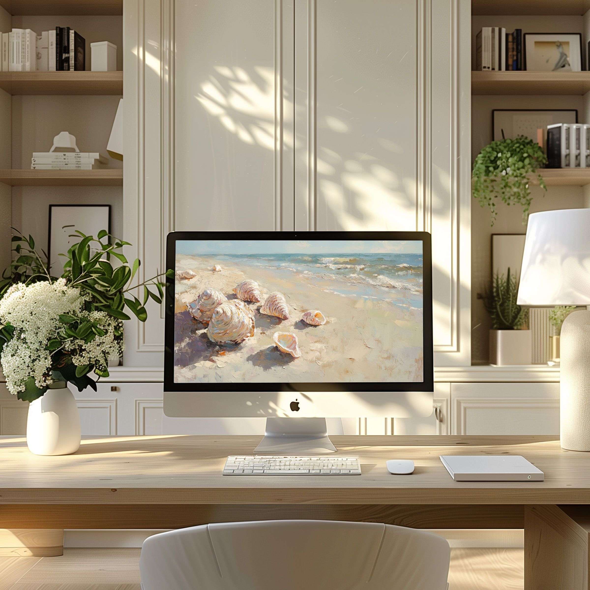 Elegant seashell-themed wallpaper for computer in modern home office, inspiring calm and fitting PC, laptop, ultrawide screens