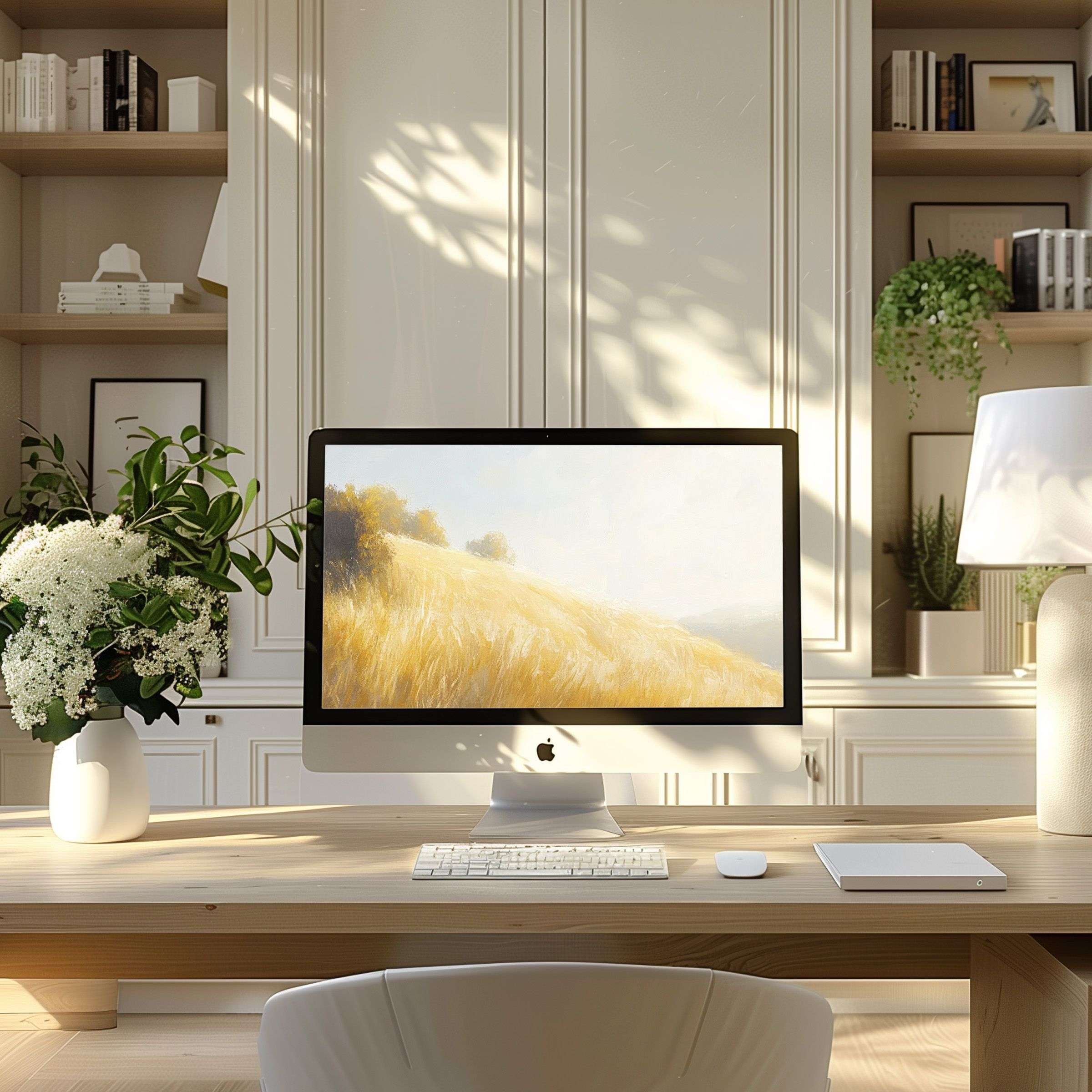 Warm, golden landscape wallpaper for computer brings serenity to modern home office, perfect fit for PC, laptop, ultrawide display