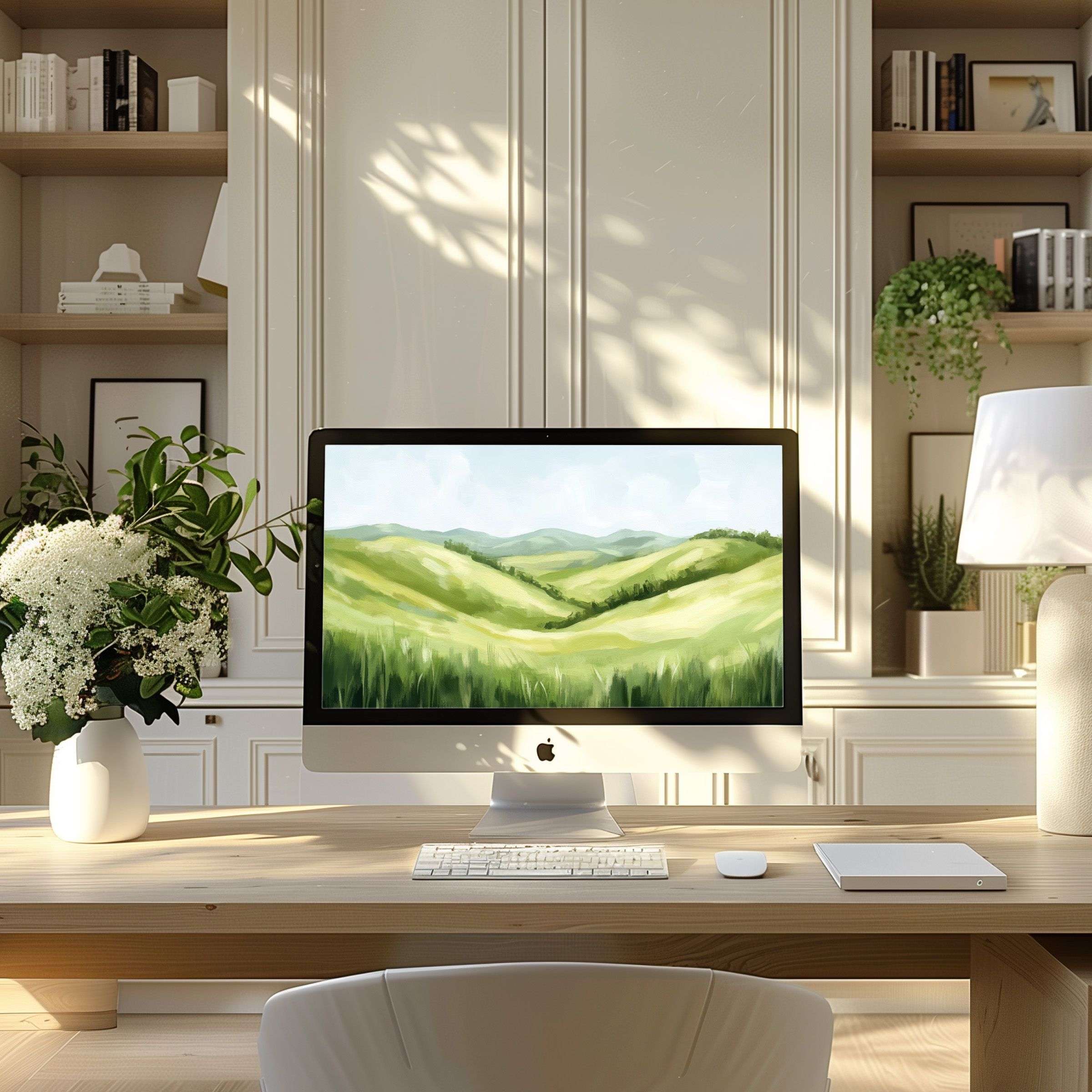 Lush green landscape wallpaper for computer inspires calm and elegance in a modern home office setting fits PC and laptop screens