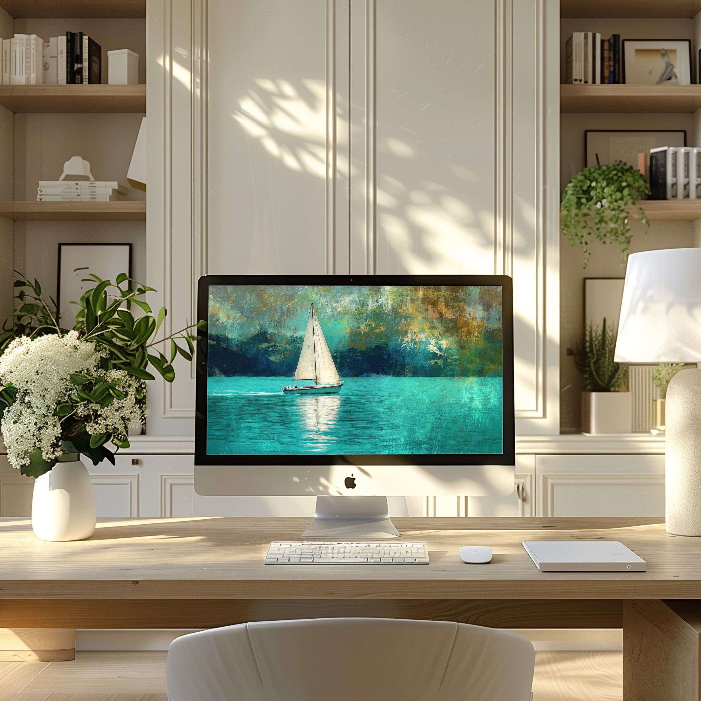 Sailing art wallpaper for computer evokes calm elegance perfect for PC and laptop enhancing your modern home office design