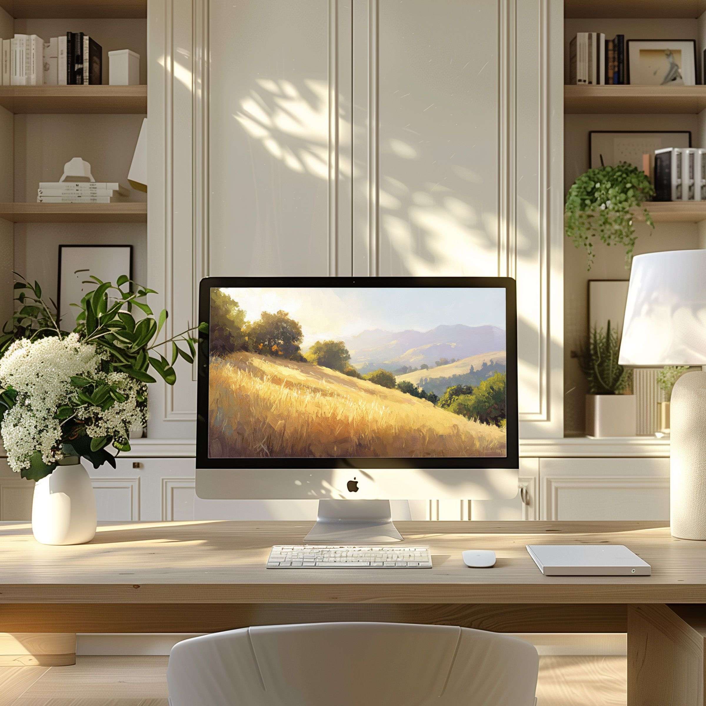 Calm nature scene wallpaper for computer, PC, laptop on a stylish desk in a modern home office inspires elegance and sophistication