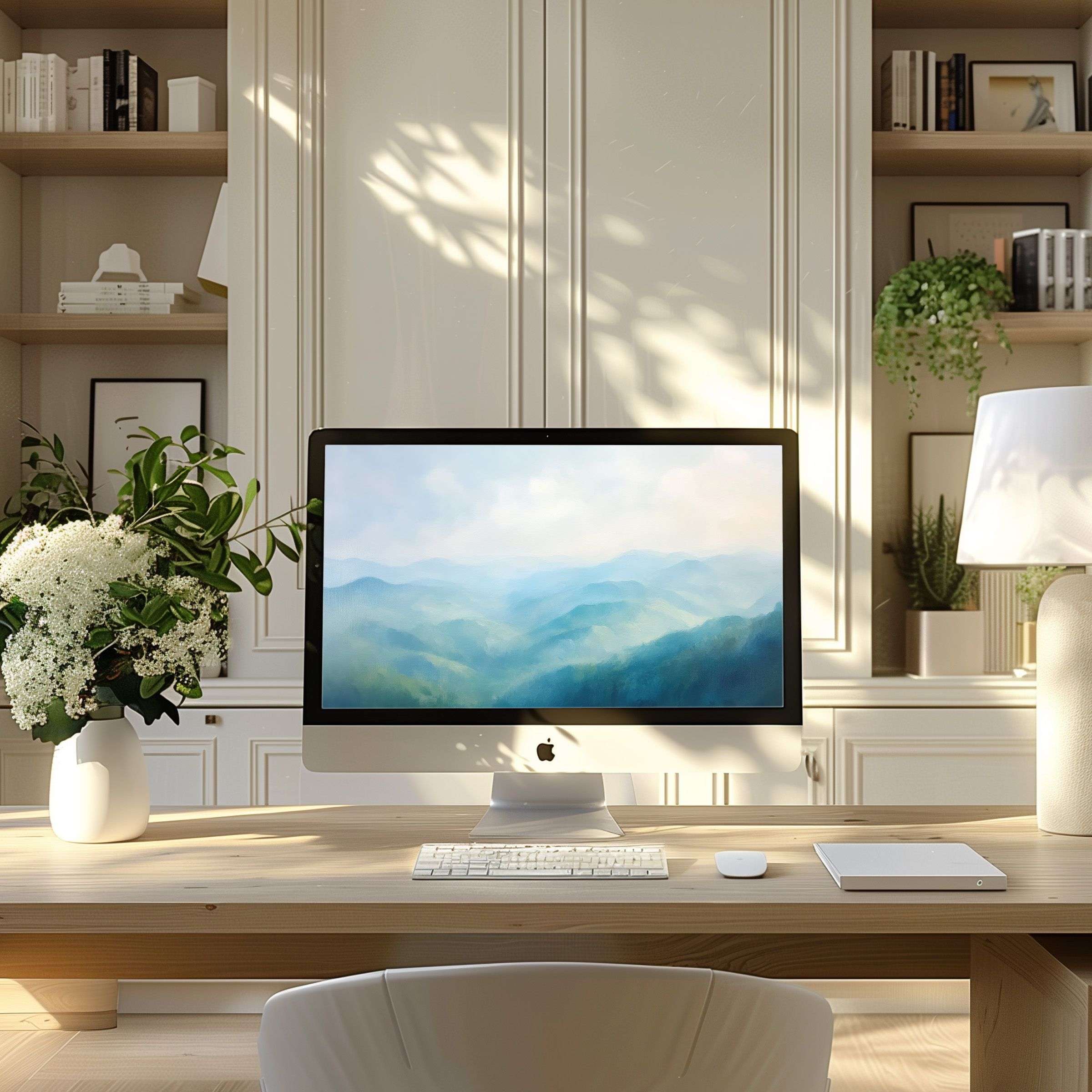 Elegant mountain landscape wallpaper for computer inspires calm in a modern home office setting; fits PC, laptop, ultrawide