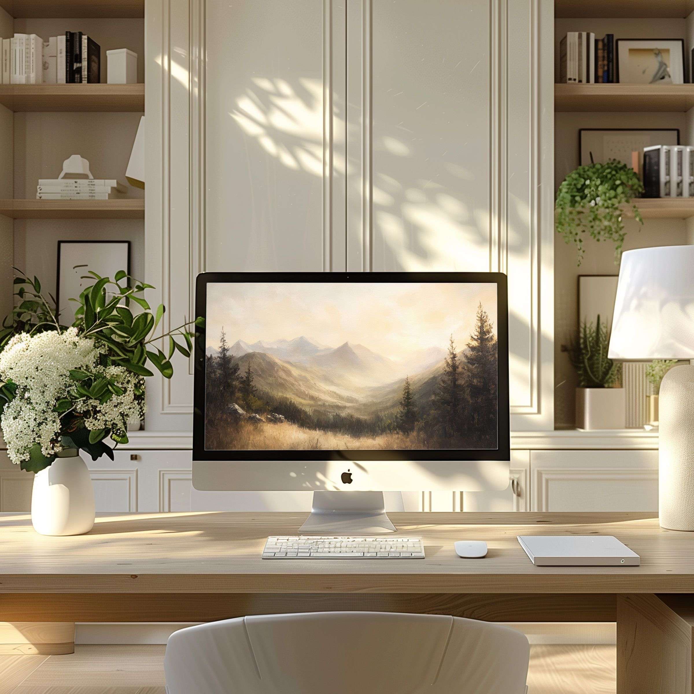 Elegant mountain landscape wallpaper for computer enhancing PC and Laptop in modern home office inspiring calm and sustainability