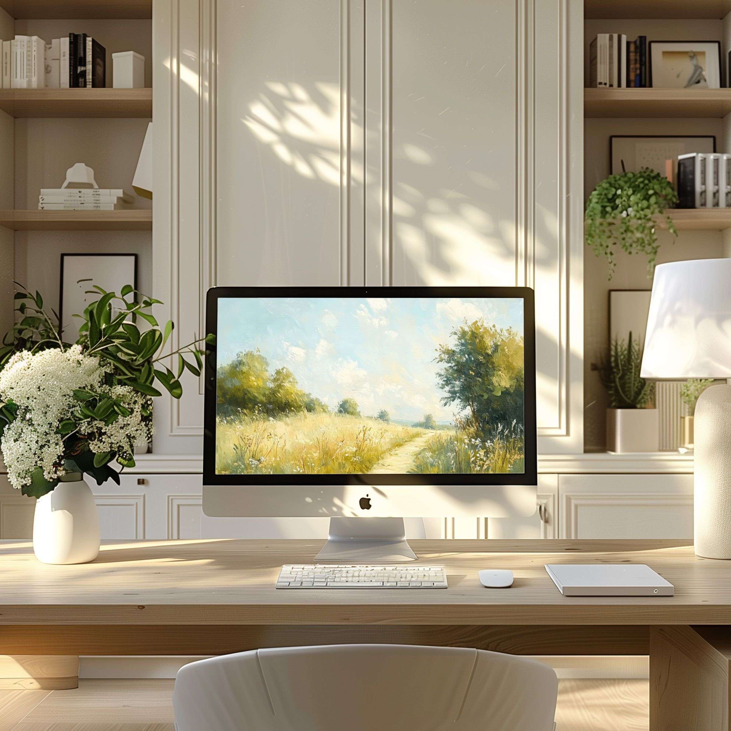Serene landscape wallpaper for computer transforming a modern desk into an inspiring haven on your PC or laptop digital download