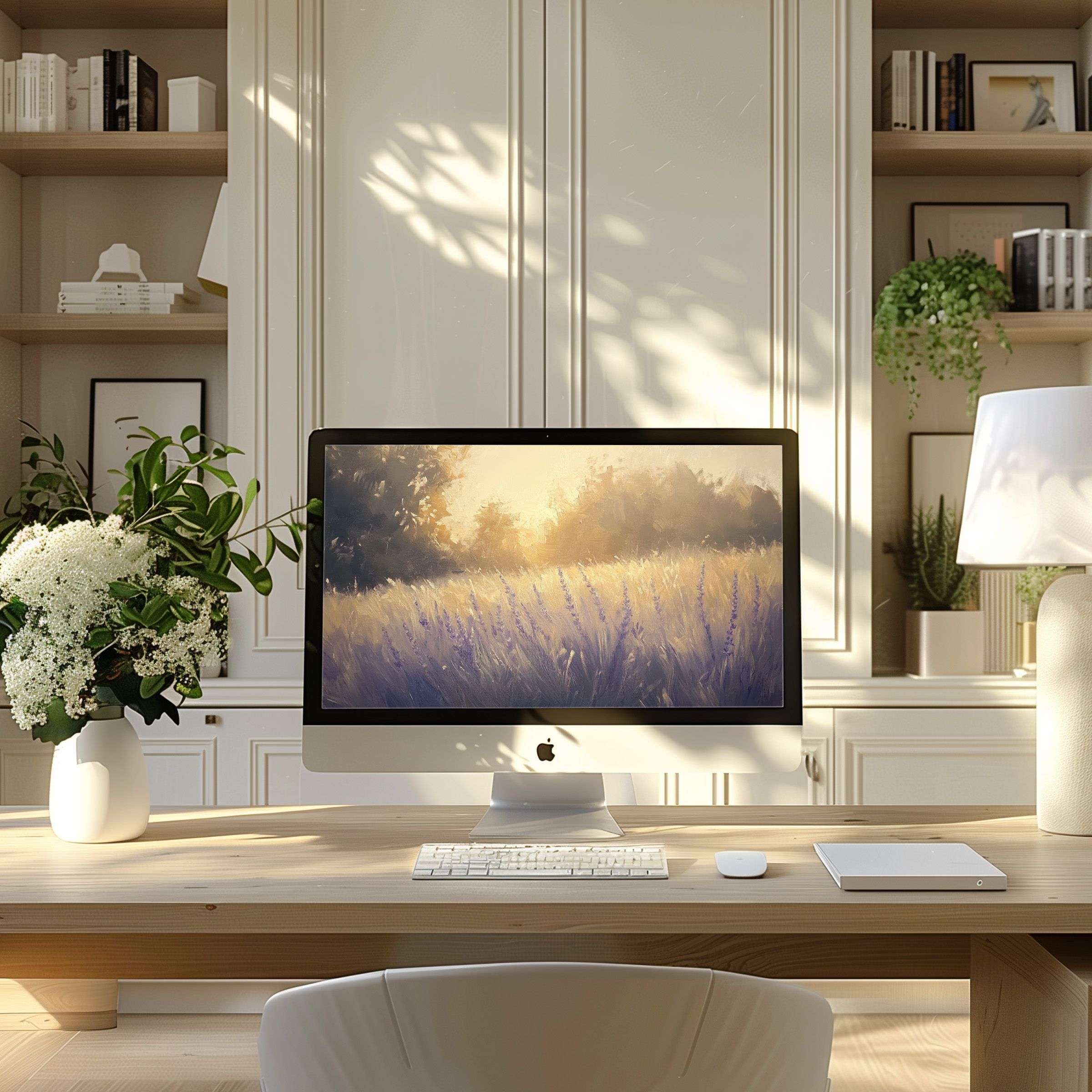 Elegant lavender field digital art as wallpaper for computer, perfect for PC or laptop in a serene modern home office setting