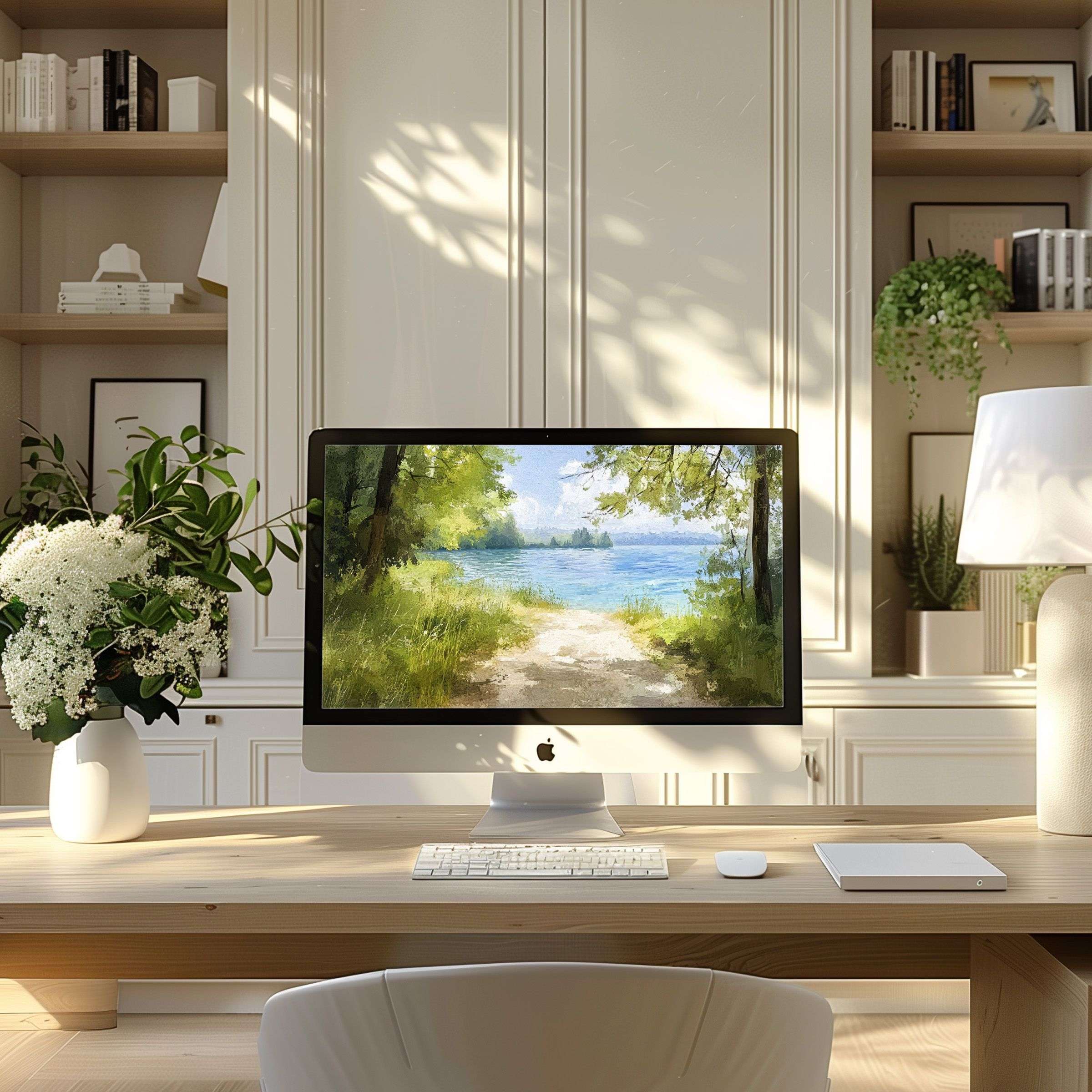 Serene landscape digital art as a wallpaper for computer enhances modern home office decor fitting PC laptop ultrawide screens