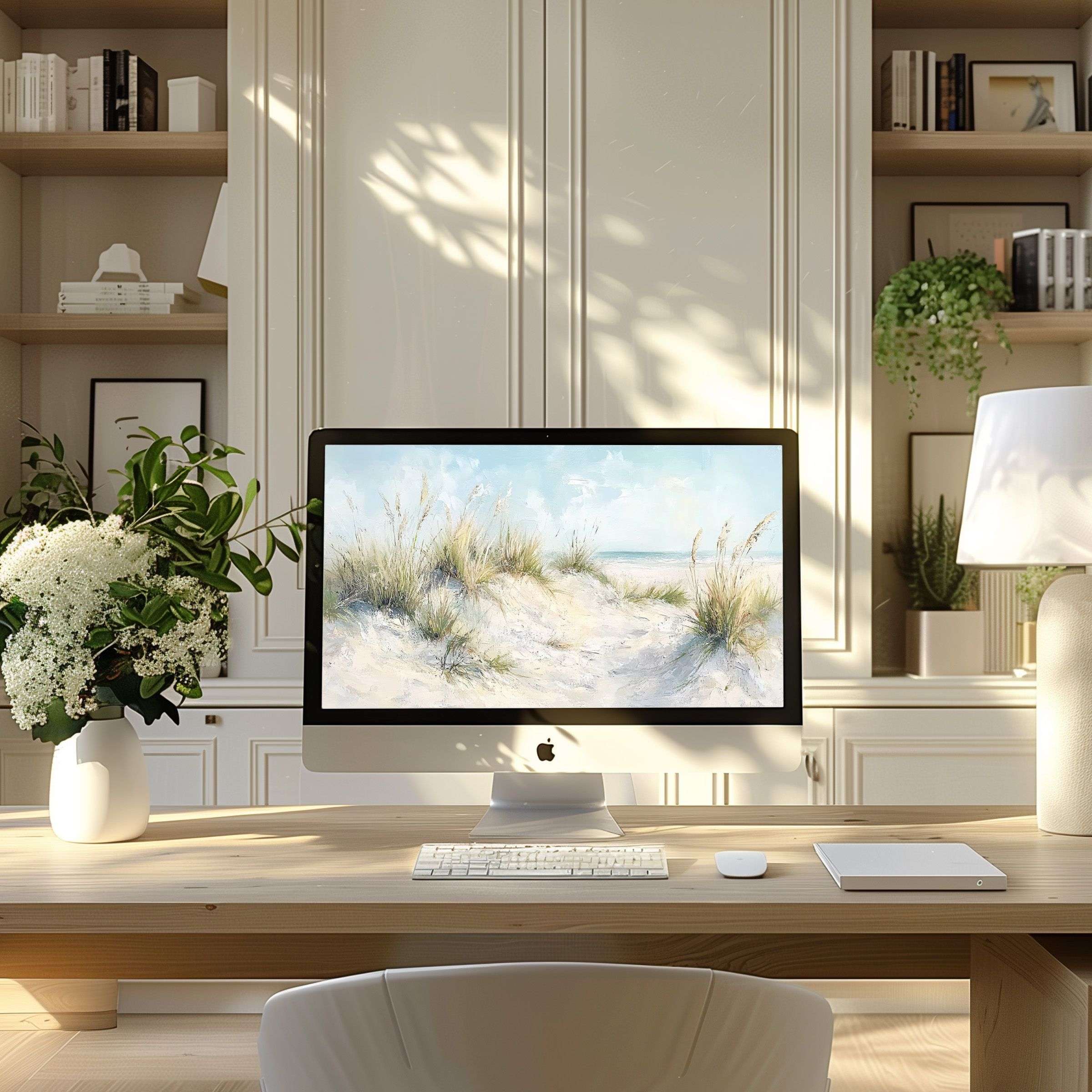 Elegant coastal landscape wallpaper for computer evokes calm and inspiration in a modern home office setup for PC and Laptop use
