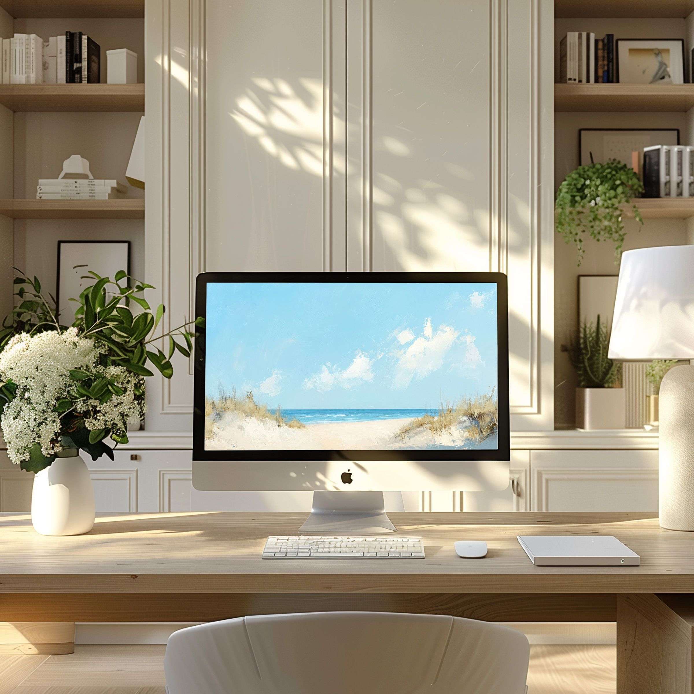 Elegant wallpaper for computer with serene beach art, perfect for PC or Laptop in a modern home office for inspiration