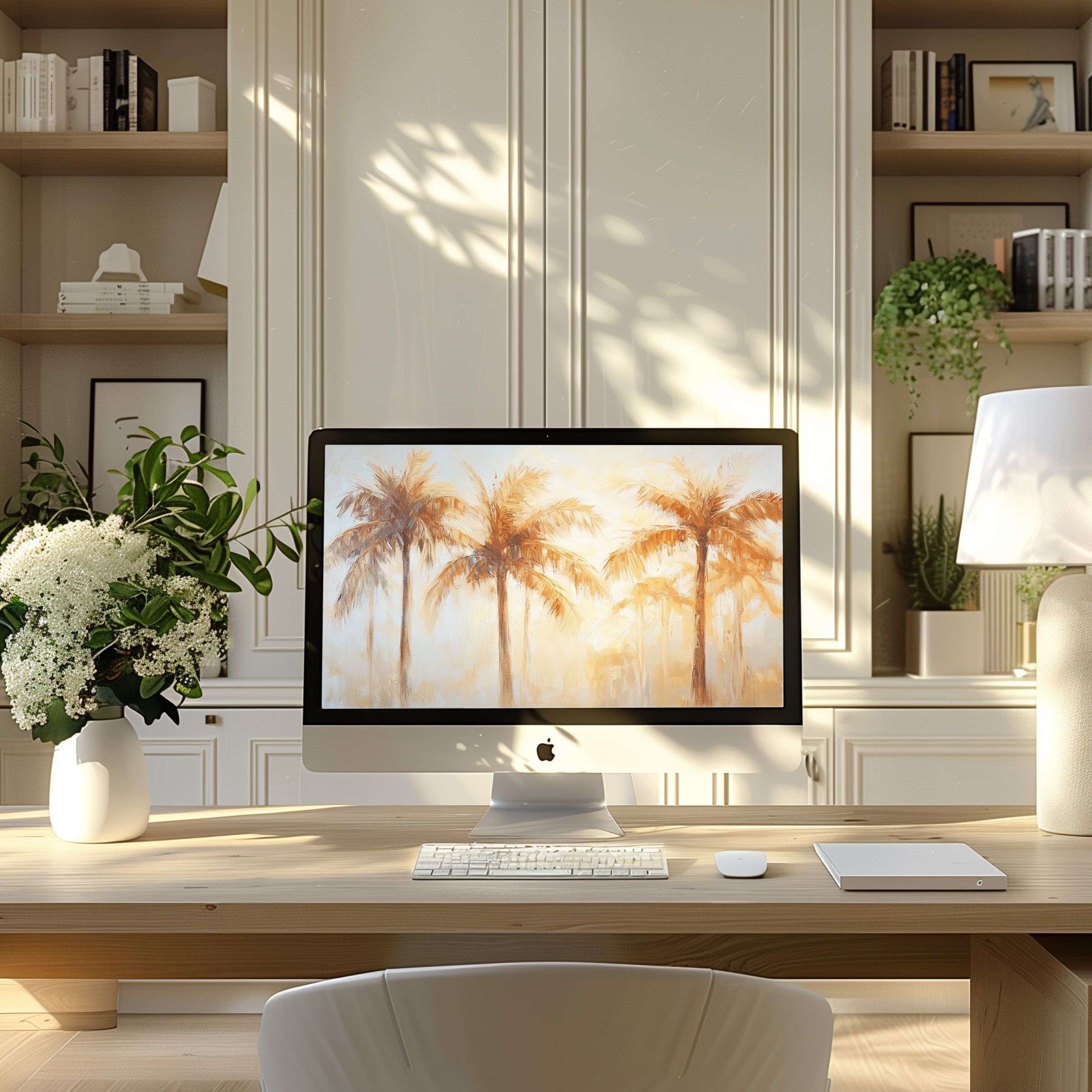 Elegant palm tree digital art wallpaper for computer inspires calm in a modern PC or laptop home office setting