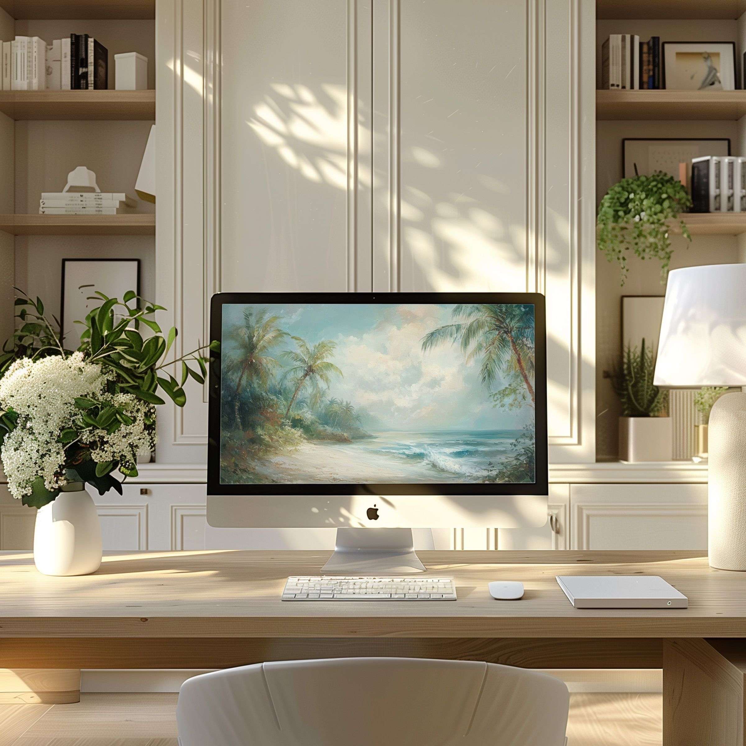 Elegant coastal scene wallpaper for computer brings calm to a modern home office, fitting PC and Laptop, ultrawide download