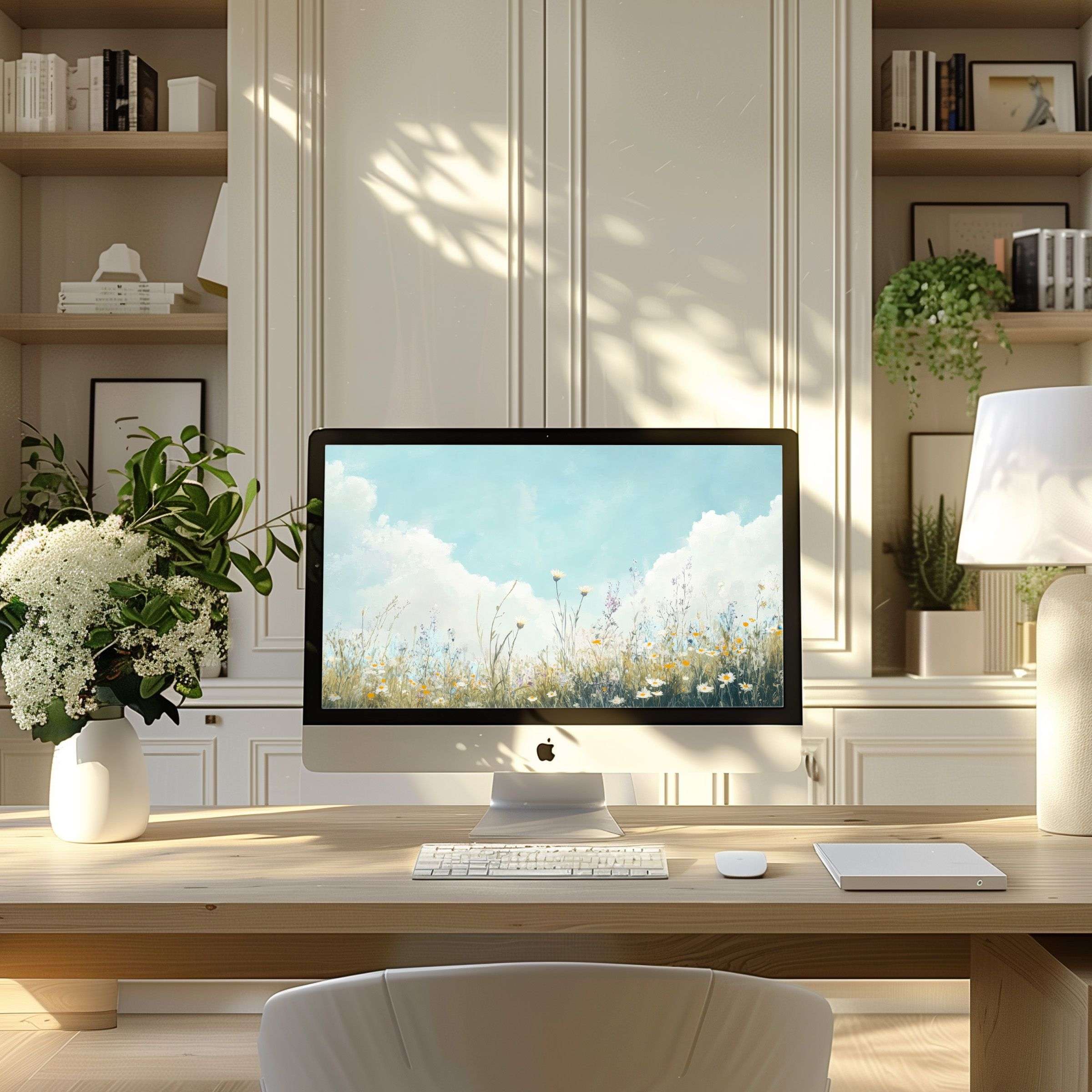 Calming meadow scene digital wallpaper for computer enhances modern home office elegance perfect for PC or laptop display
