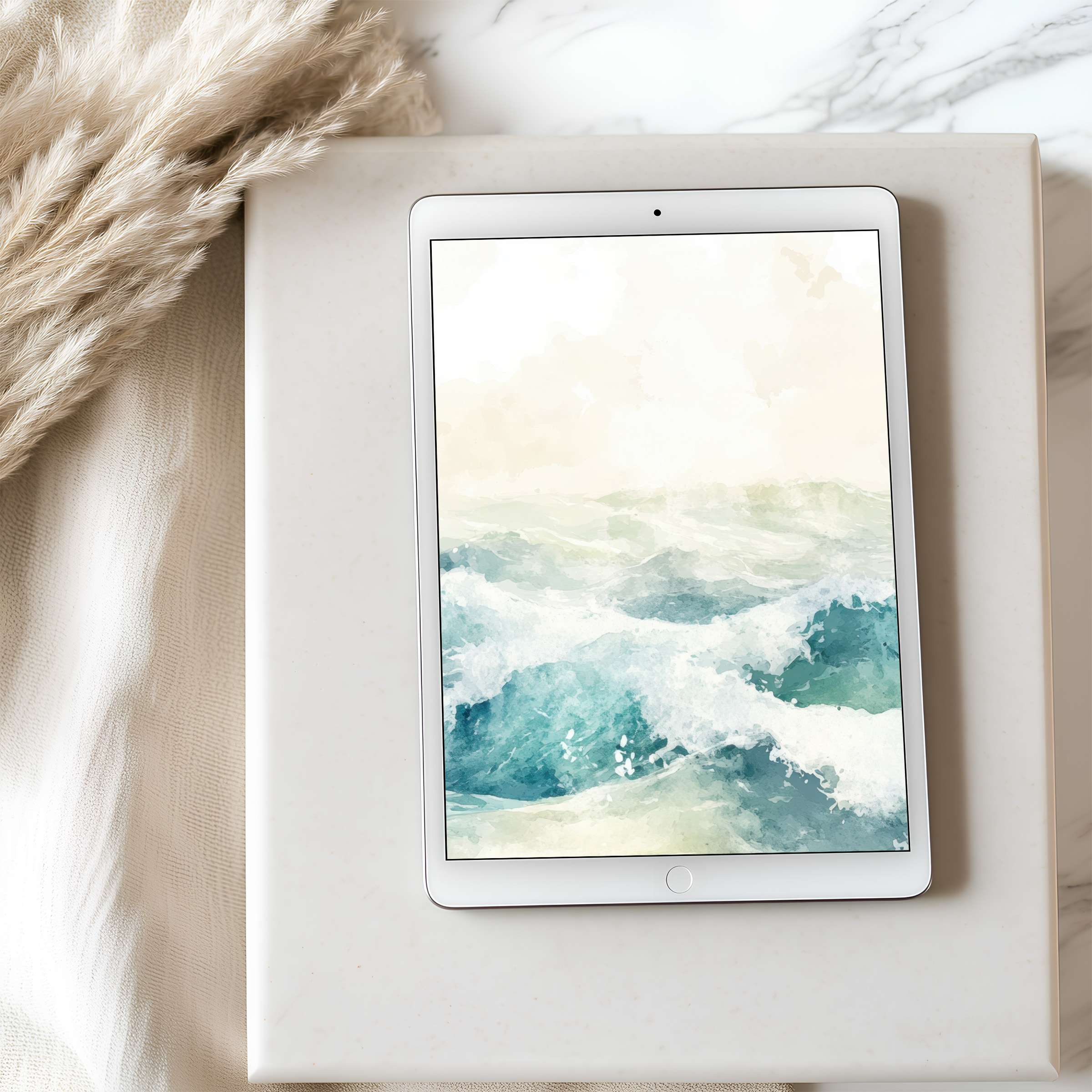 Elegant ocean waves in soft blues and cream create a tranquil tablet wallpaper perfect for iPad and Android high resolution screens