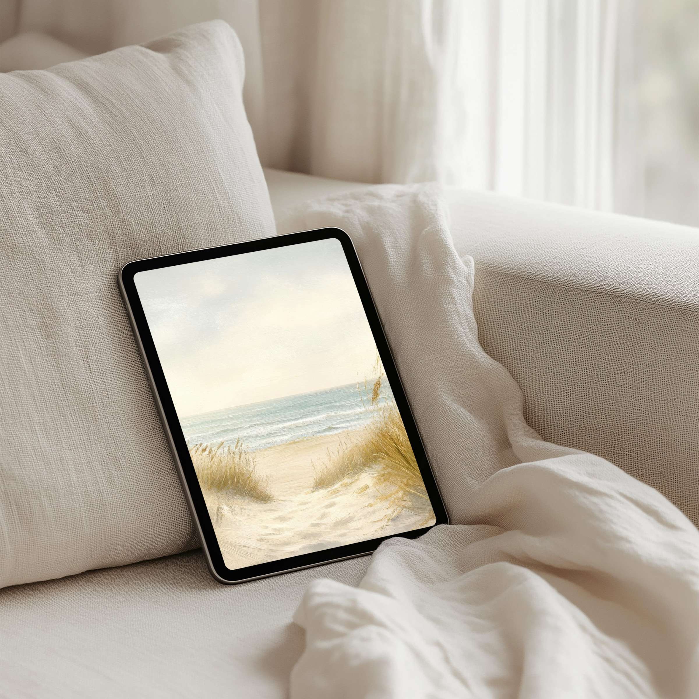 Serene beach scene iPad background for instant download elevates tablet aesthetics with calming coastal elegance for mindful moments