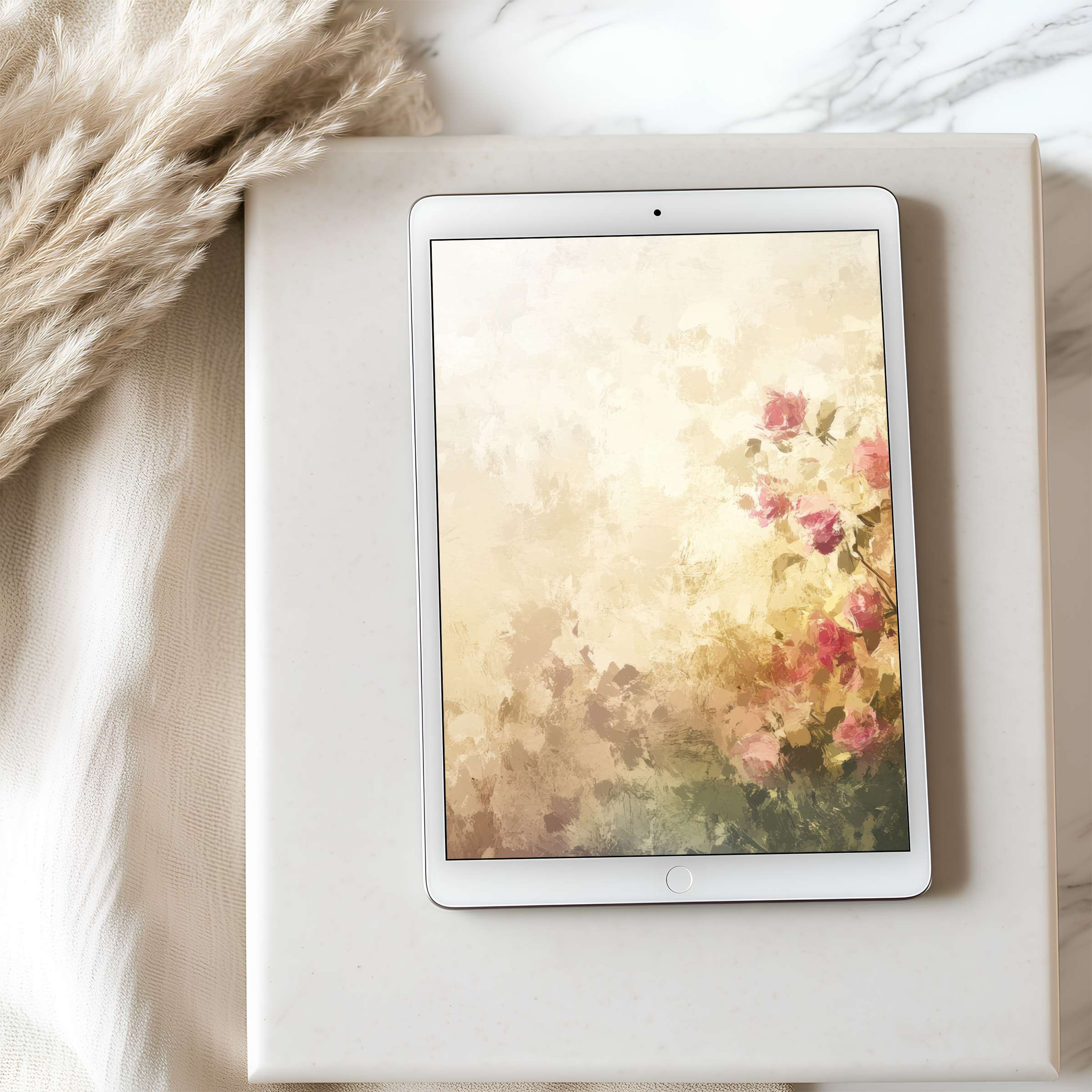 Elegantly serene tablet wallpaper art with soft pastels and floral motifs enhances iPad and Android screens for calming digital downloads