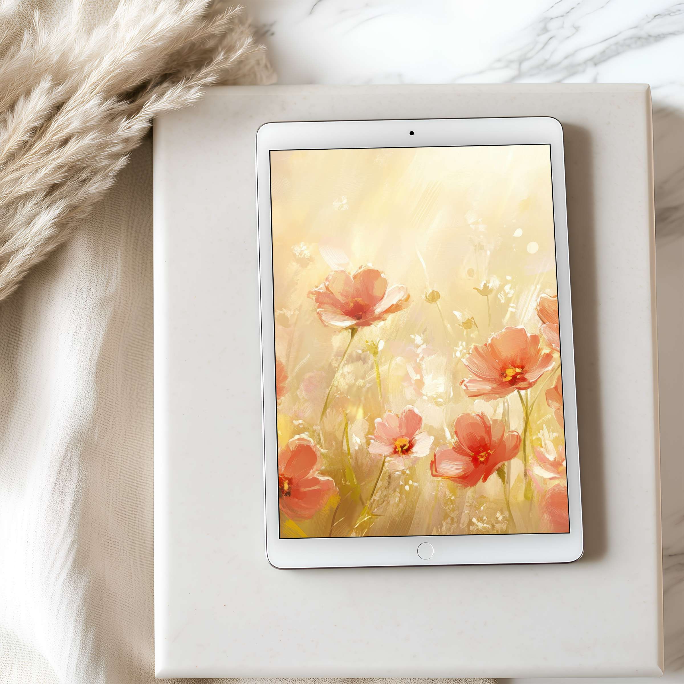 Elegant tablet wallpaper with a serene floral motif in warm hues, ideal for iPad in high resolution, enhancing digital aesthetics