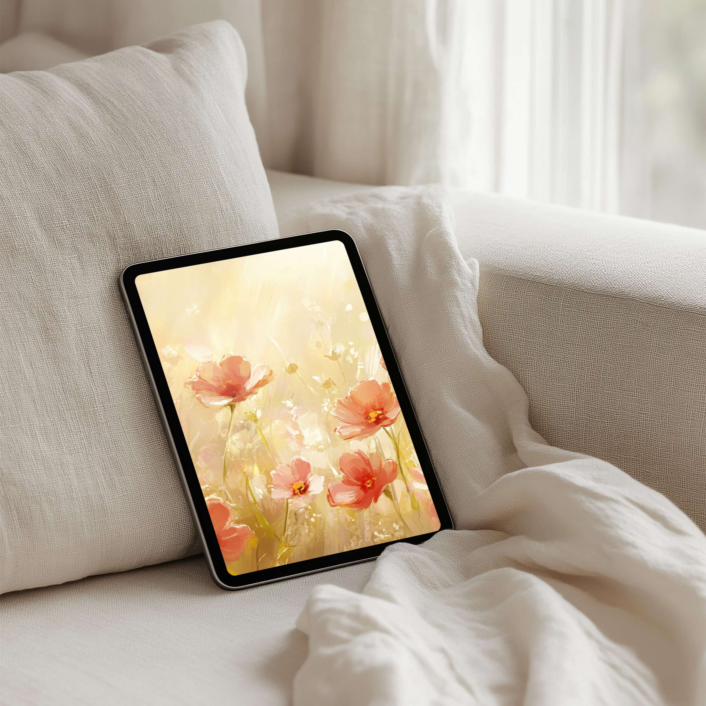 Elegant floral iPad background art in soft pastels enhances your tablet's elegance with serene inspiration and instant download benefits