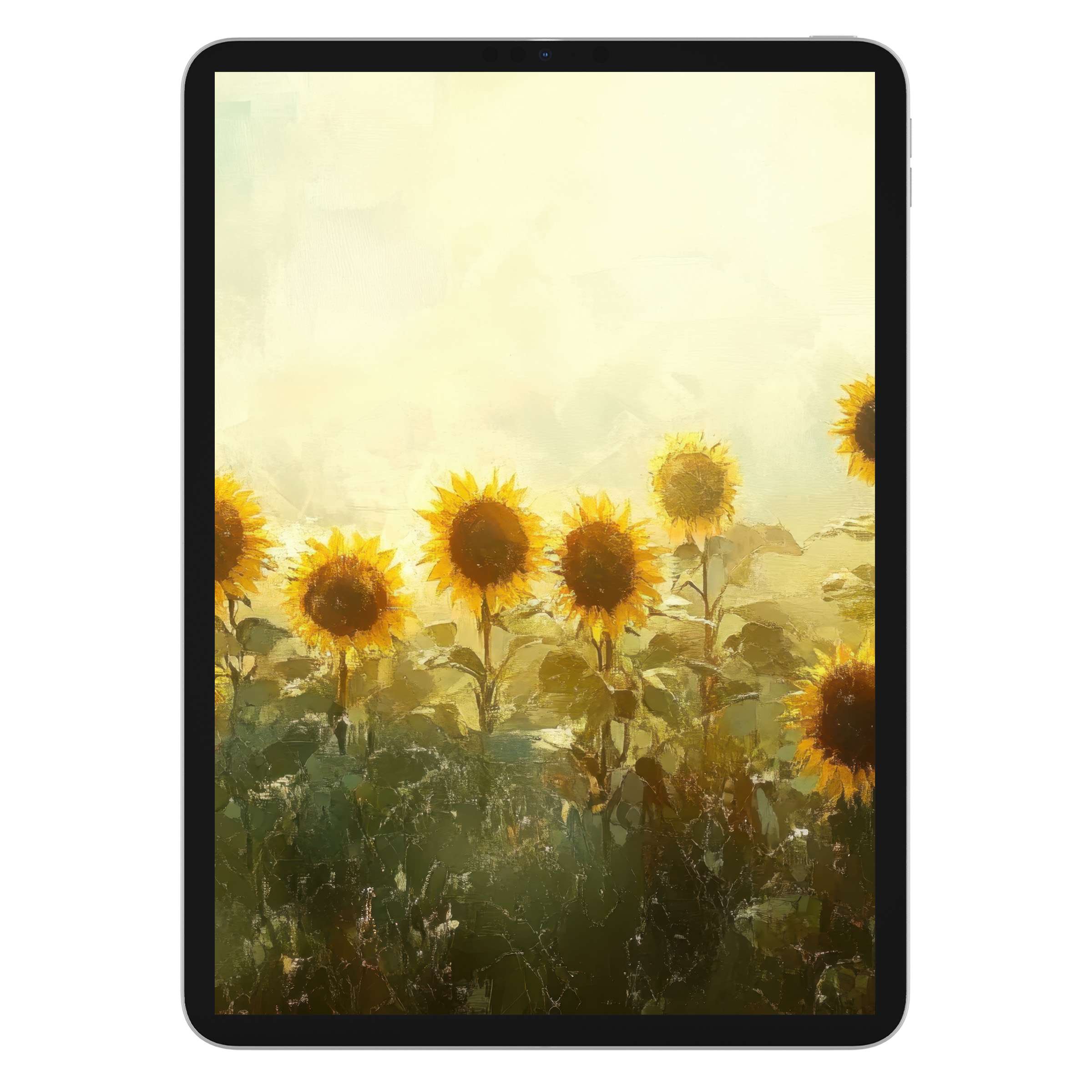 Sunlit sunflower field painting as a summer iPad wallpaper offers a serene digital download background for tablet users seeking elegance