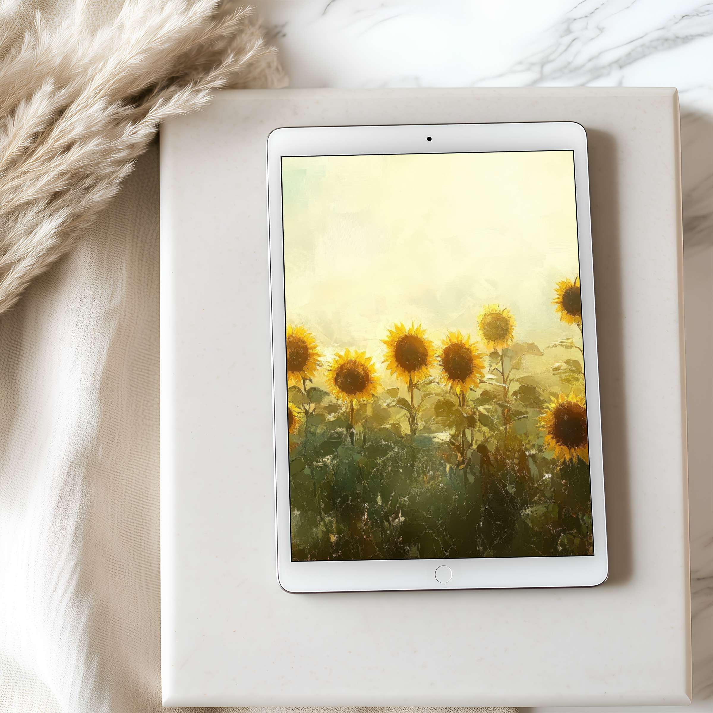 Elegant tablet wallpaper featuring a serene sunlit field of sunflowers, perfect for high-resolution digital download on iPad and Android tablets