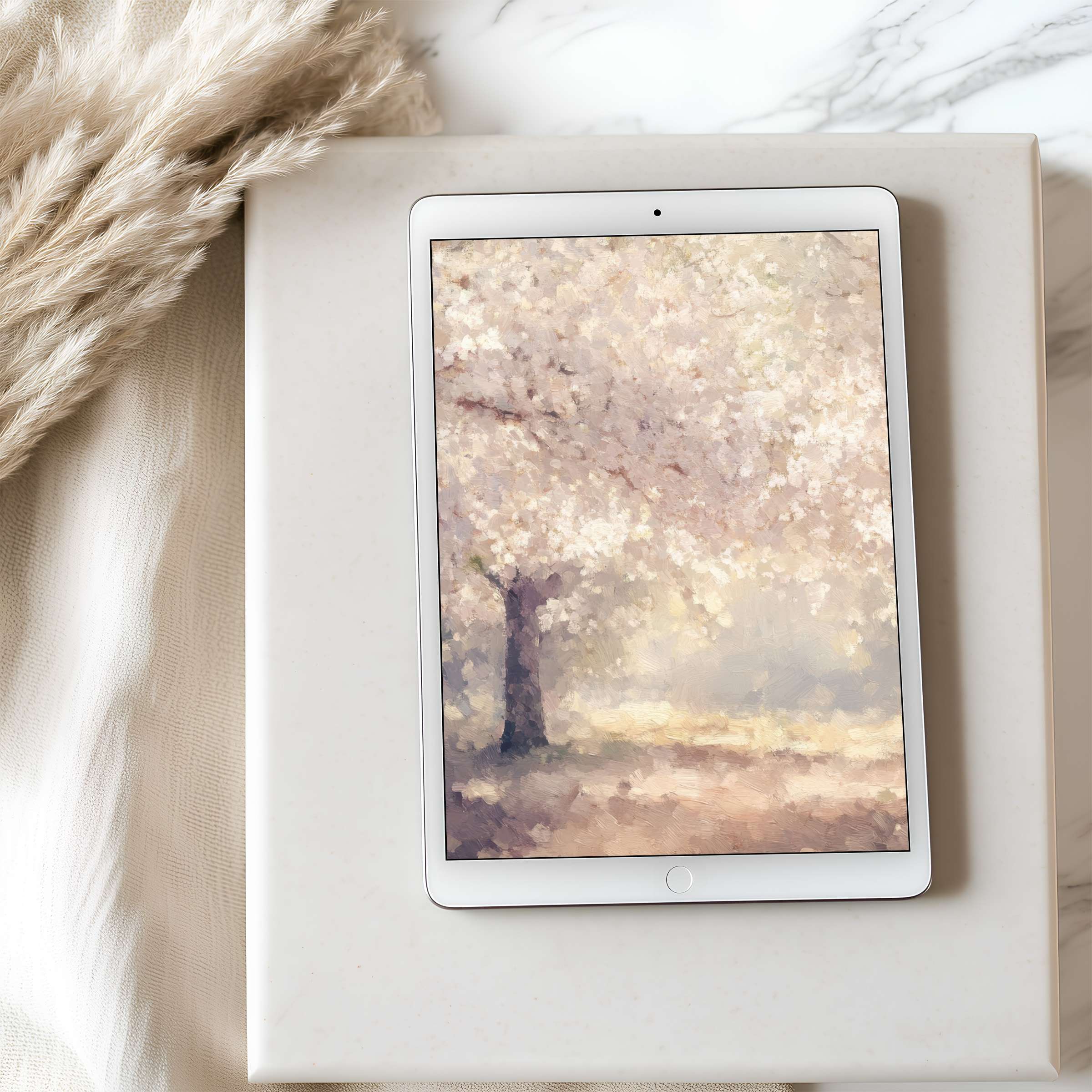 Elegant tablet wallpaper featuring a serene pastel tree scene set in high-resolution, ideal for iPad or Android tablet download