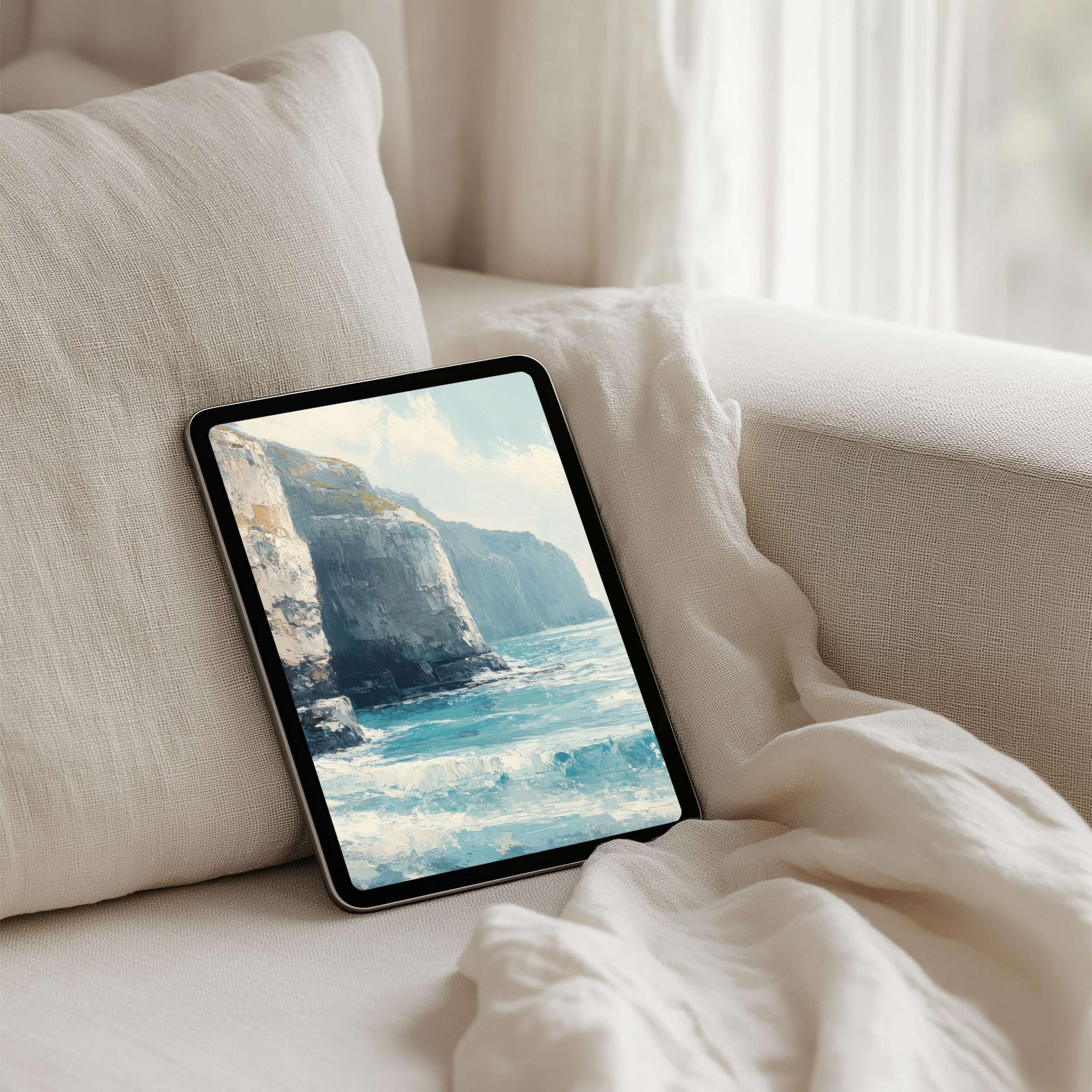 Elegant coastal painting iPad background for instant download brings calm inspiration to any tablet device's aesthetic environment