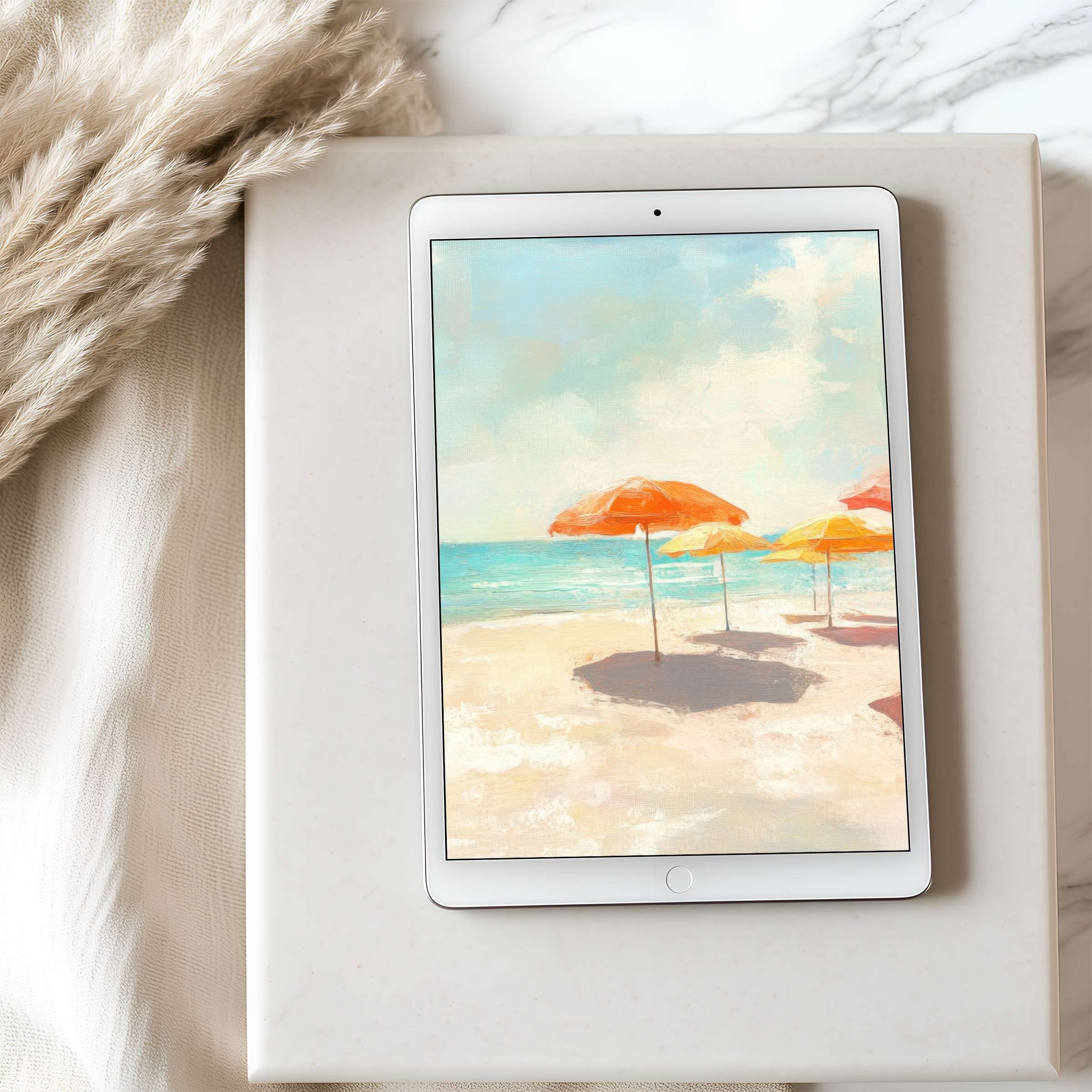 Elegant tablet wallpaper with serene beach scene of vibrant umbrellas, high resolution digital download for iPad and Android tablets