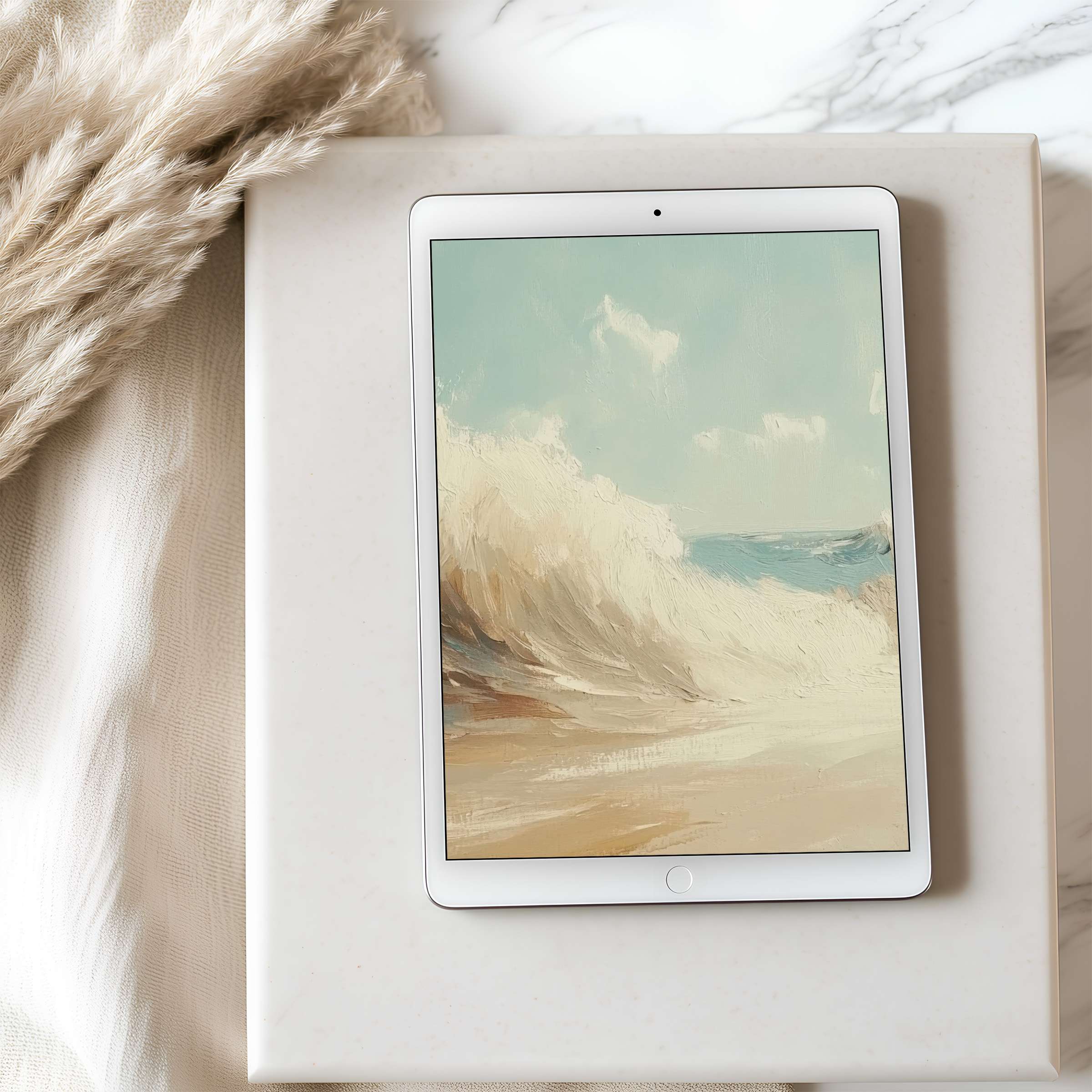 Elegant tablet wallpaper showcasing serene waves in pastel hues, perfect for iPad or Android tablet digital download, evokes tranquility