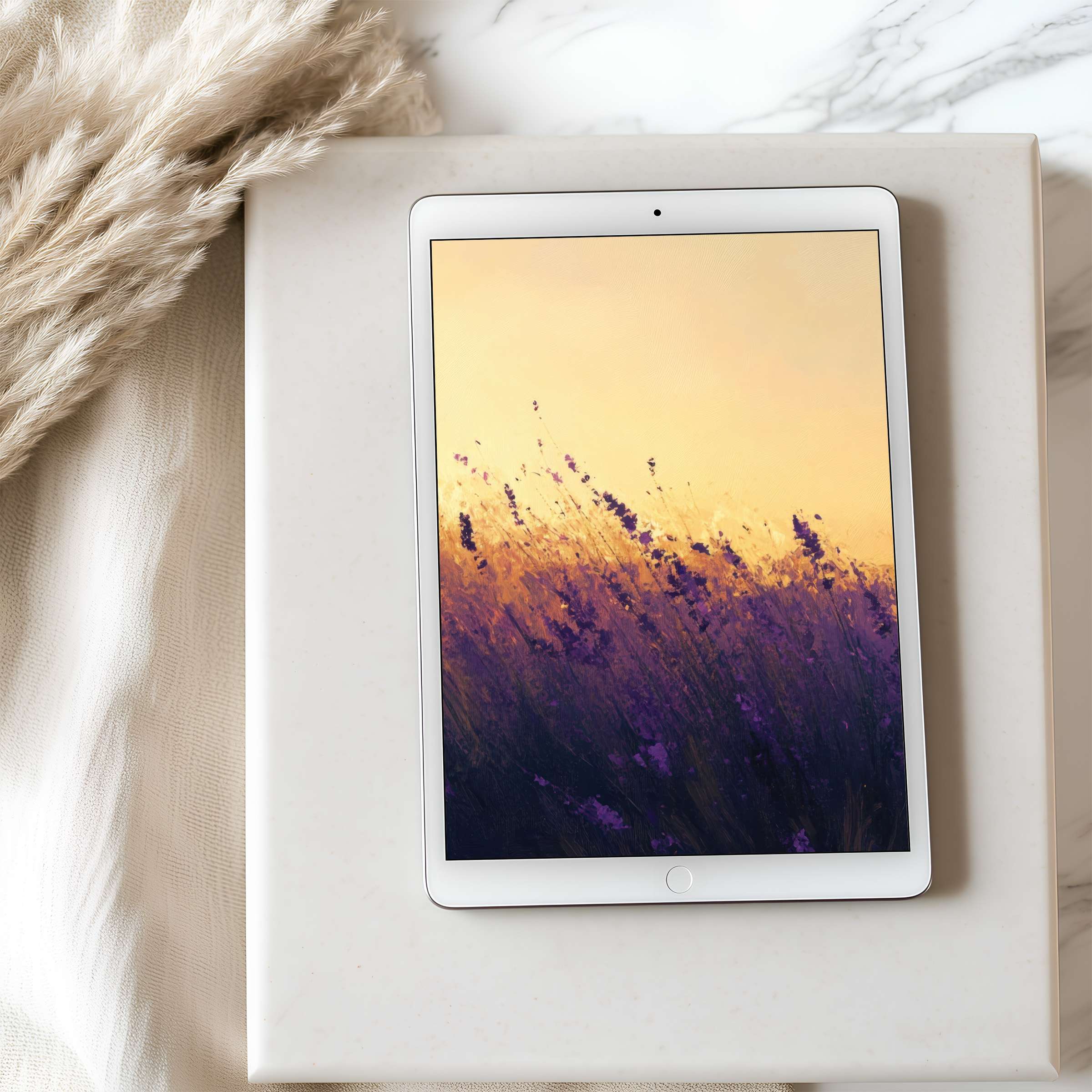 Elegant tablet wallpaper featuring a serene lavender field under a golden sunset, perfect for curated high-resolution iPad and Android downloads