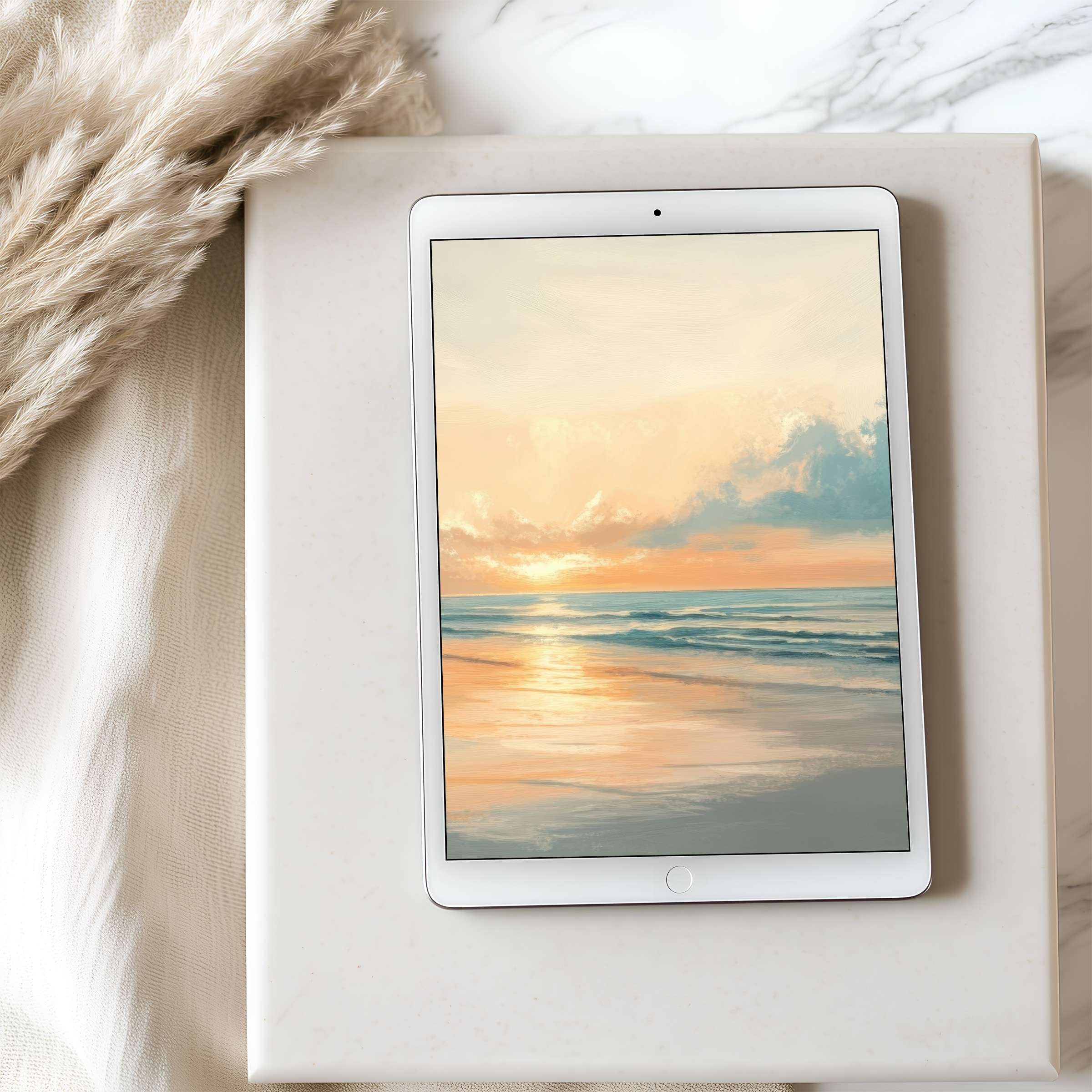 Elegant tablet wallpaper showcasing a serene sunset over a tranquil beach in high resolution perfect for iPad digital download