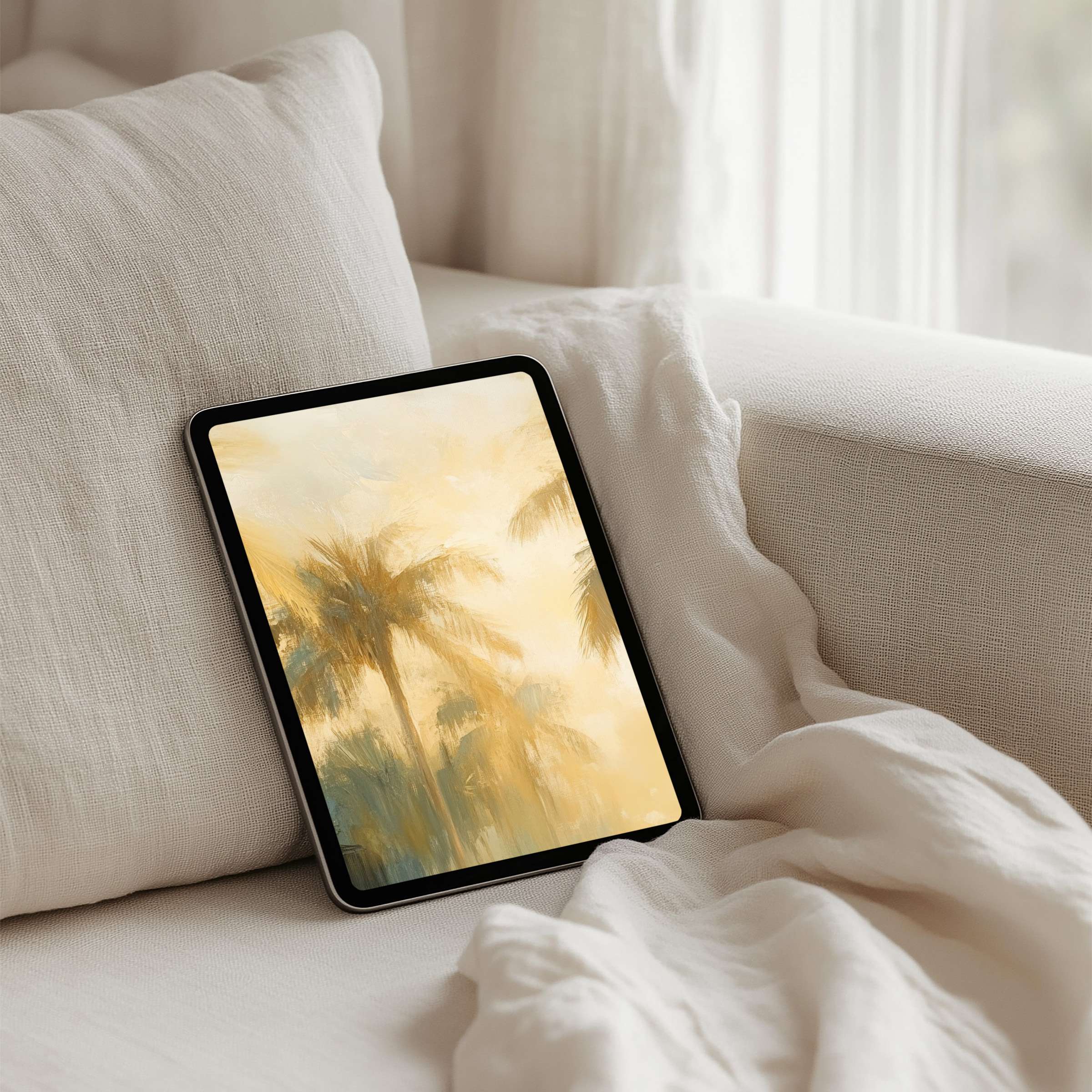 Elegant iPad background with serene palm trees in soft pastels for instant download elevates tablet ambience with calm inspiration