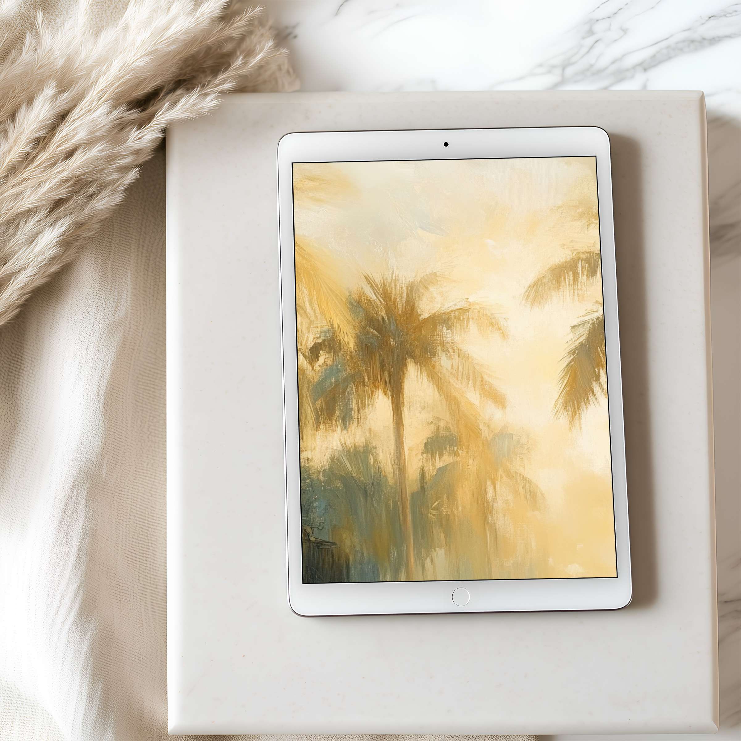 Elegant palm tree tablet wallpaper in soft golden hues enhances your iPad's ambiance with high resolution digital download options