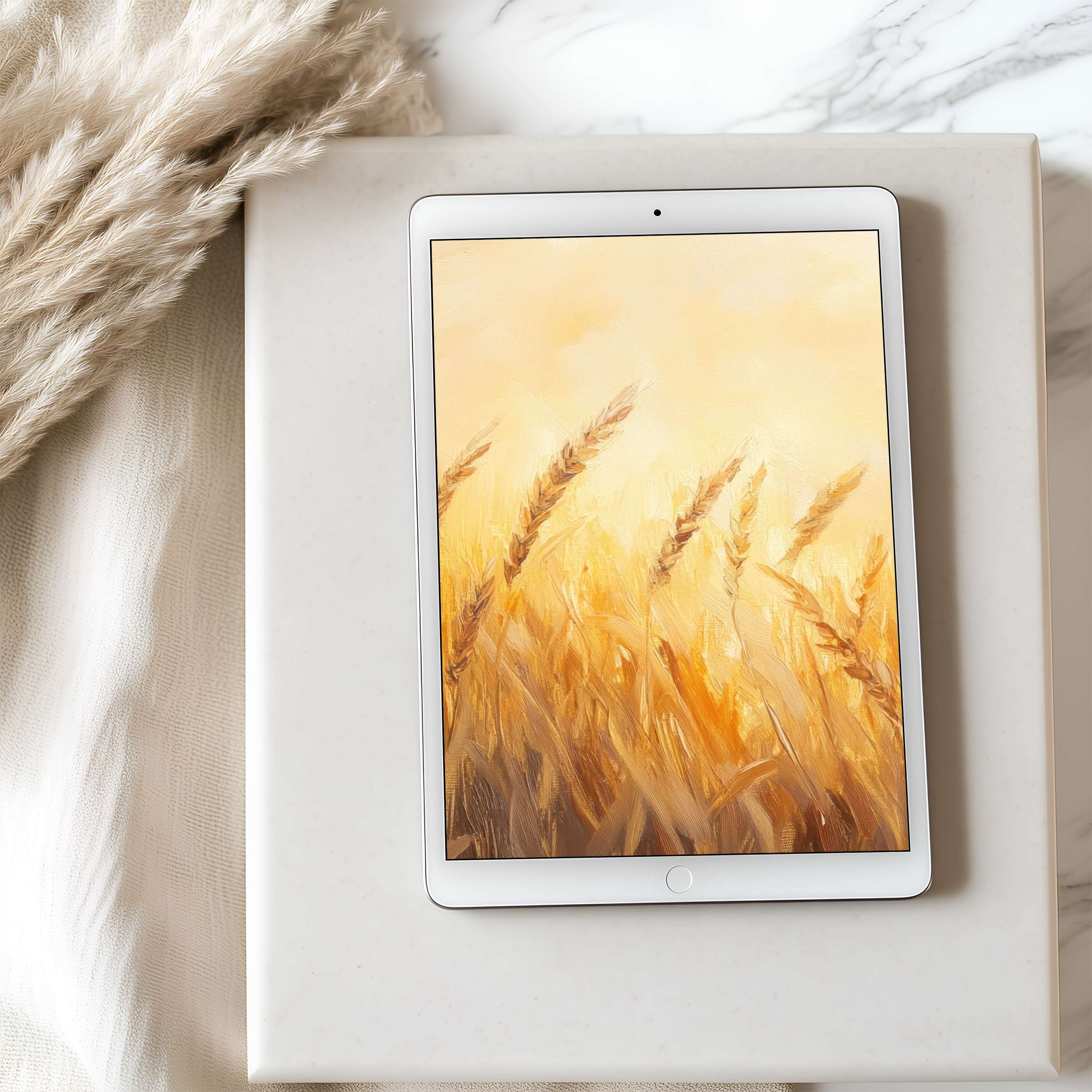 Warm wheat field tablet wallpaper exudes serenity with golden hues, perfect for curated high-resolution iPad downloads and Android tablets