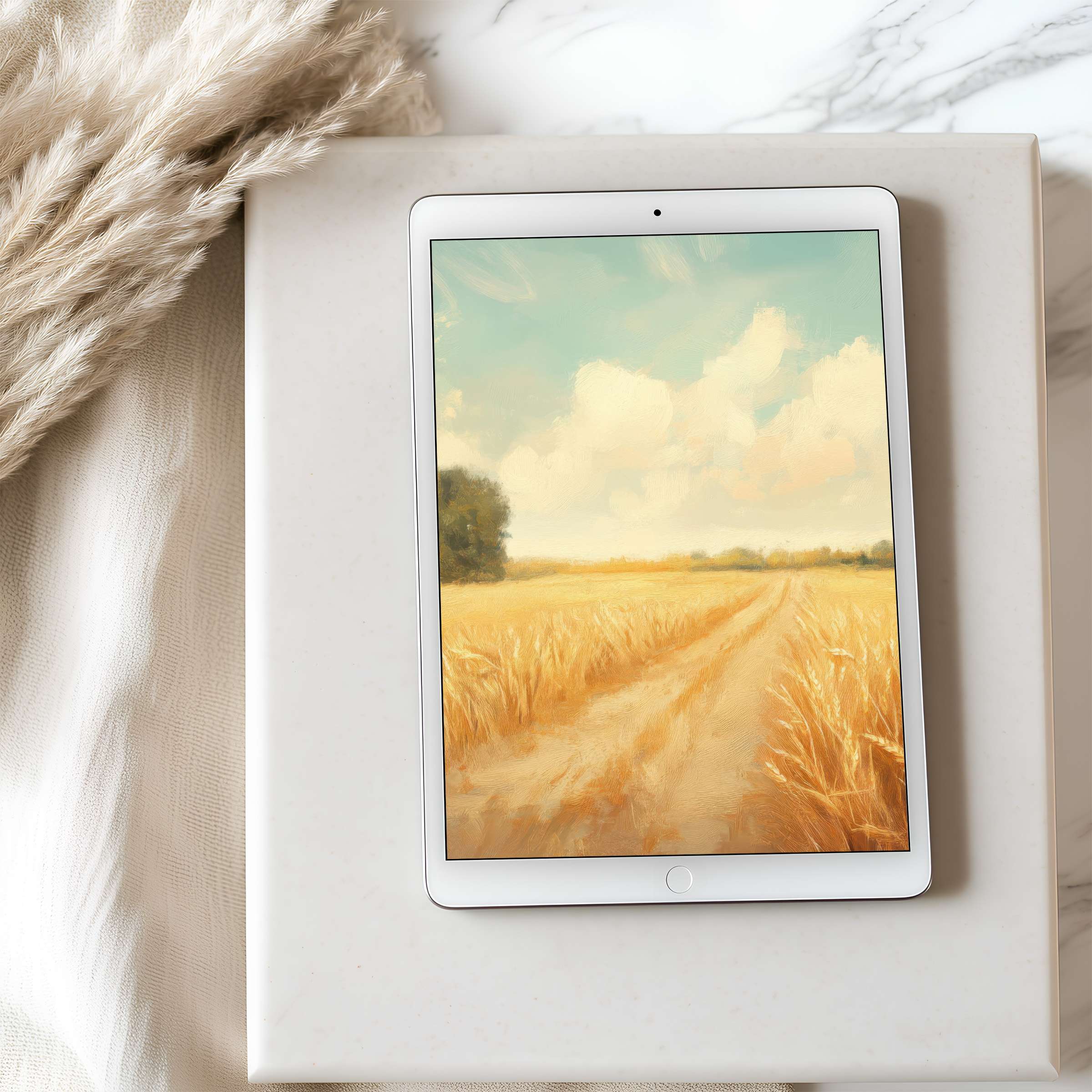 Warm wheat field digital art tablet wallpaper in high resolution, ideal for curated iPad downloads, enhancing serene interiors
