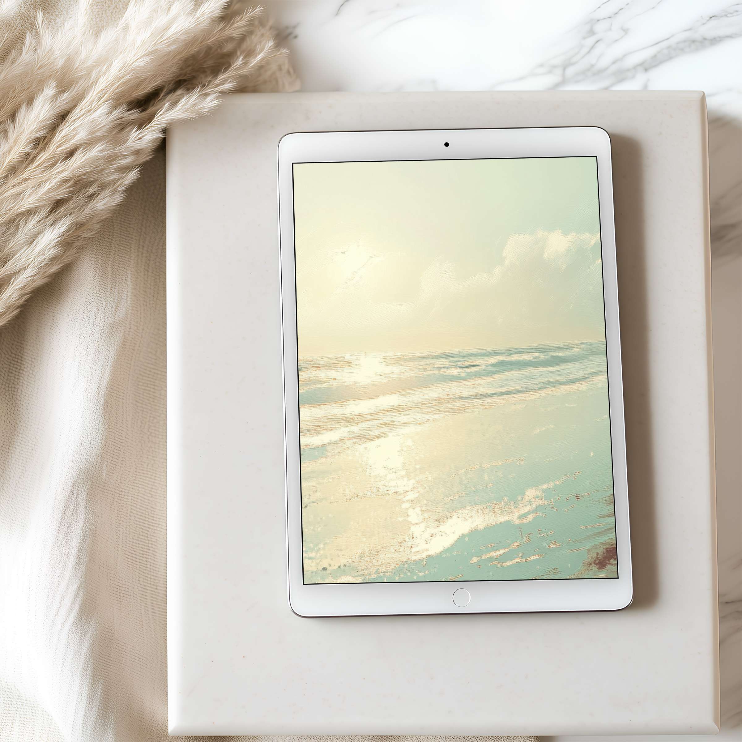 Serene seaside motif tablet wallpaper in warm pastels enhances tablet design ideal for iPad or Android digital download users