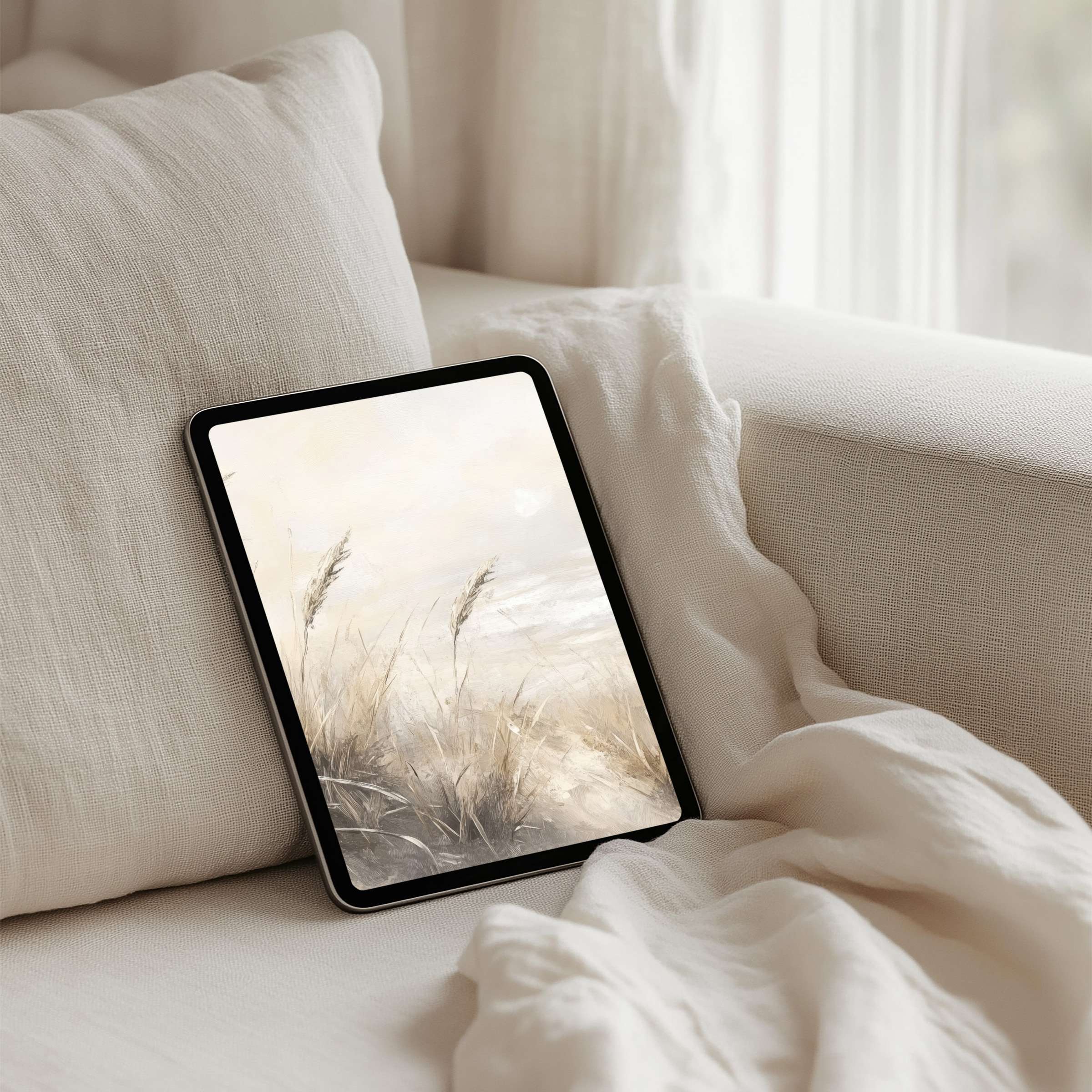 Calming iPad background art with soft beige tones and nature scene for instant download on any tablet inspiring mindfulness