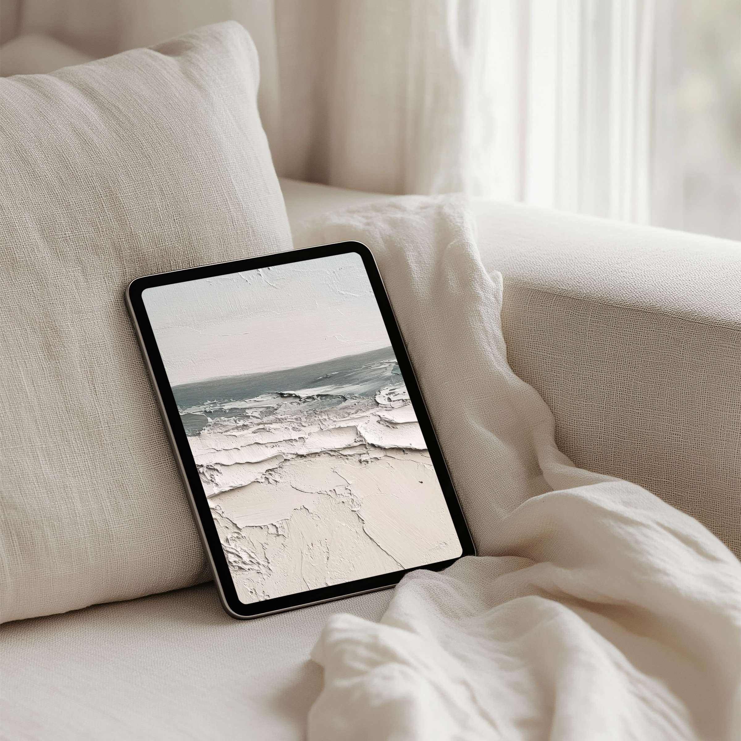 Elegant abstract art in soft creams and grays, perfect as an iPad background for instant download on any tablet, inspires calm