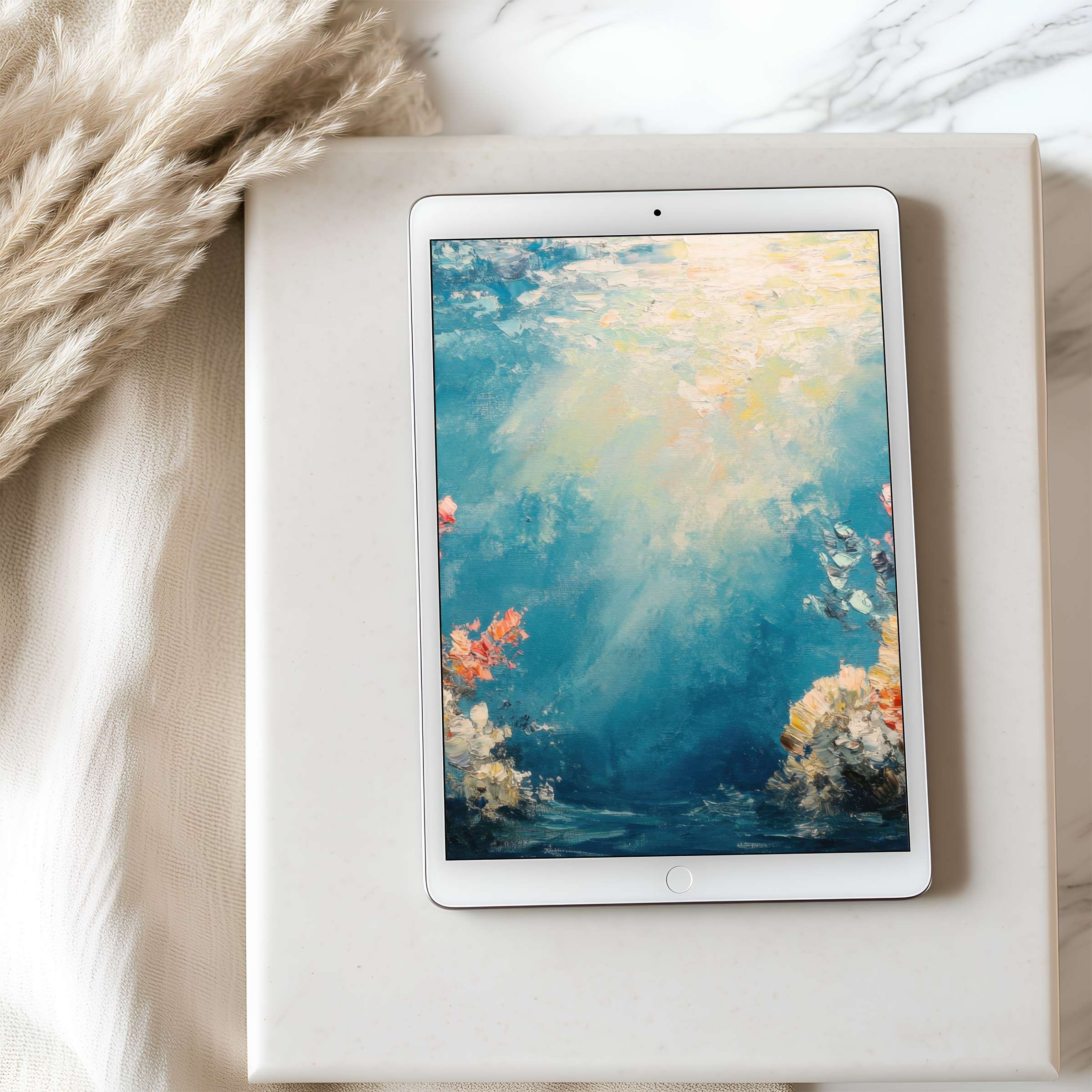 Elegant abstract tablet wallpaper with serene ocean-inspired hues ideal for iPad and Android tablets, enhancing digital tranquility