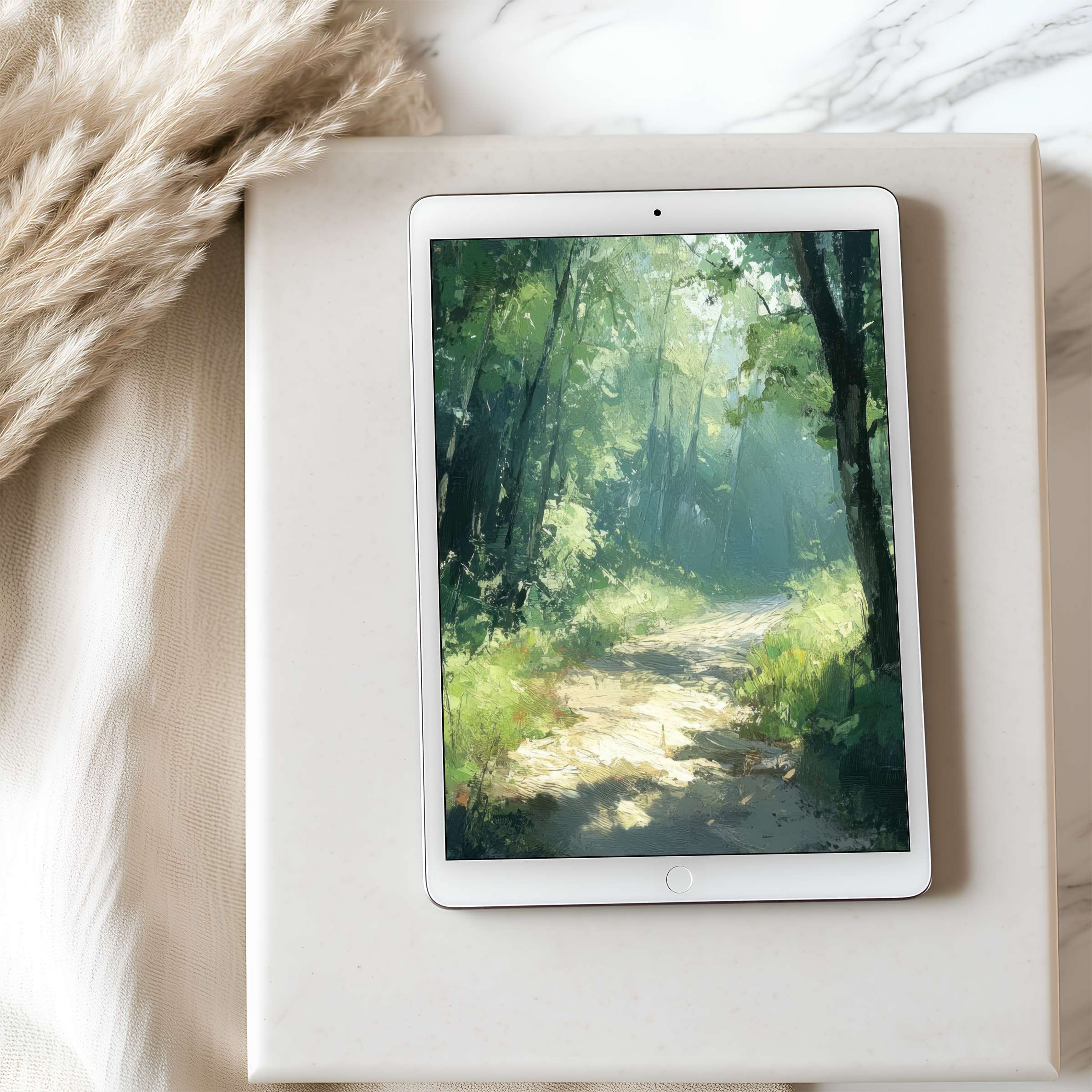 Lush forest path tablet wallpaper in high resolution on iPad, ideal for serene, eco-inspired digital download and elegant decor