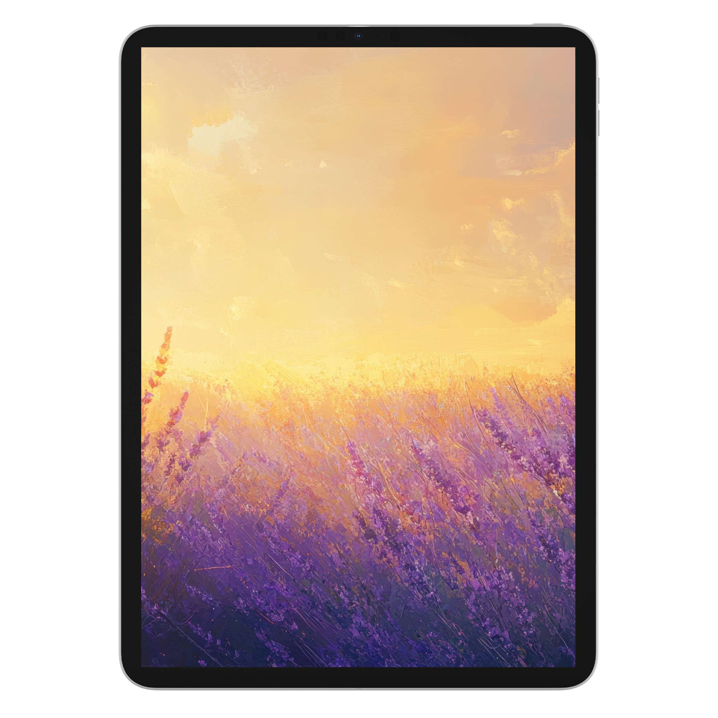Elegant summer iPad wallpaper featuring a serene lavender field against a golden sunset background digital download for tablets