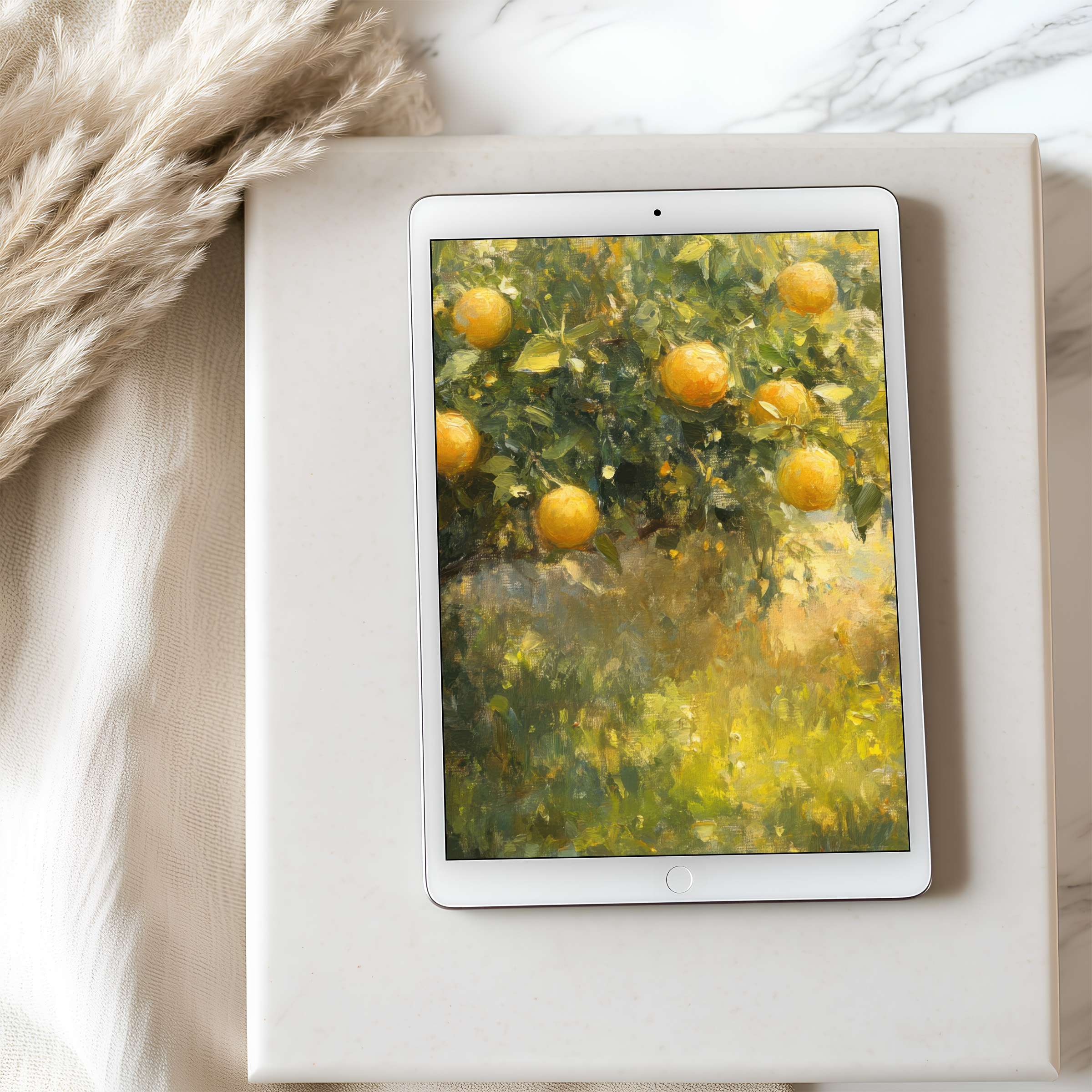 Serene tablet wallpaper featuring lush orange trees in an impressionistic style, perfect for high-resolution iPad and Android tablets, digital download