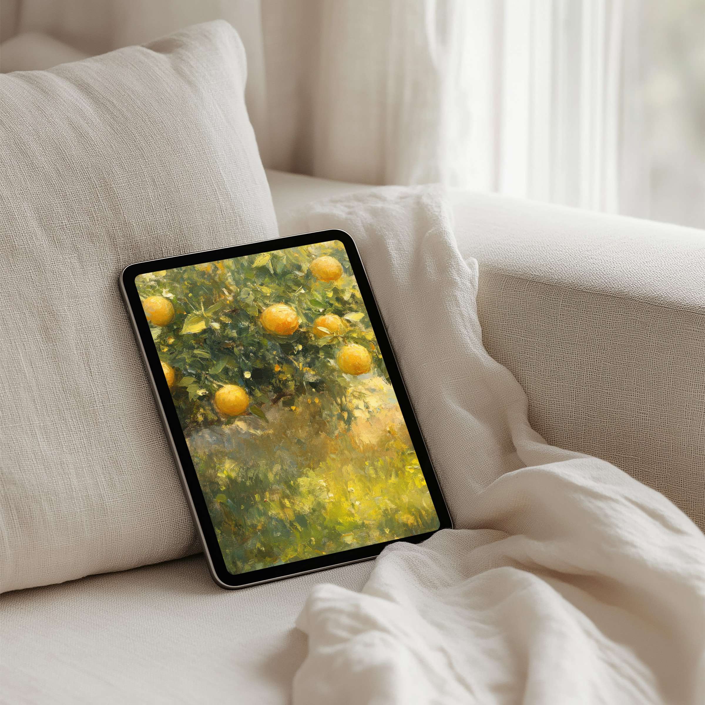 Elegant orchard art iPad background offers instant download for tablets, inspiring calm and mindfulness with lush green and yellow hues