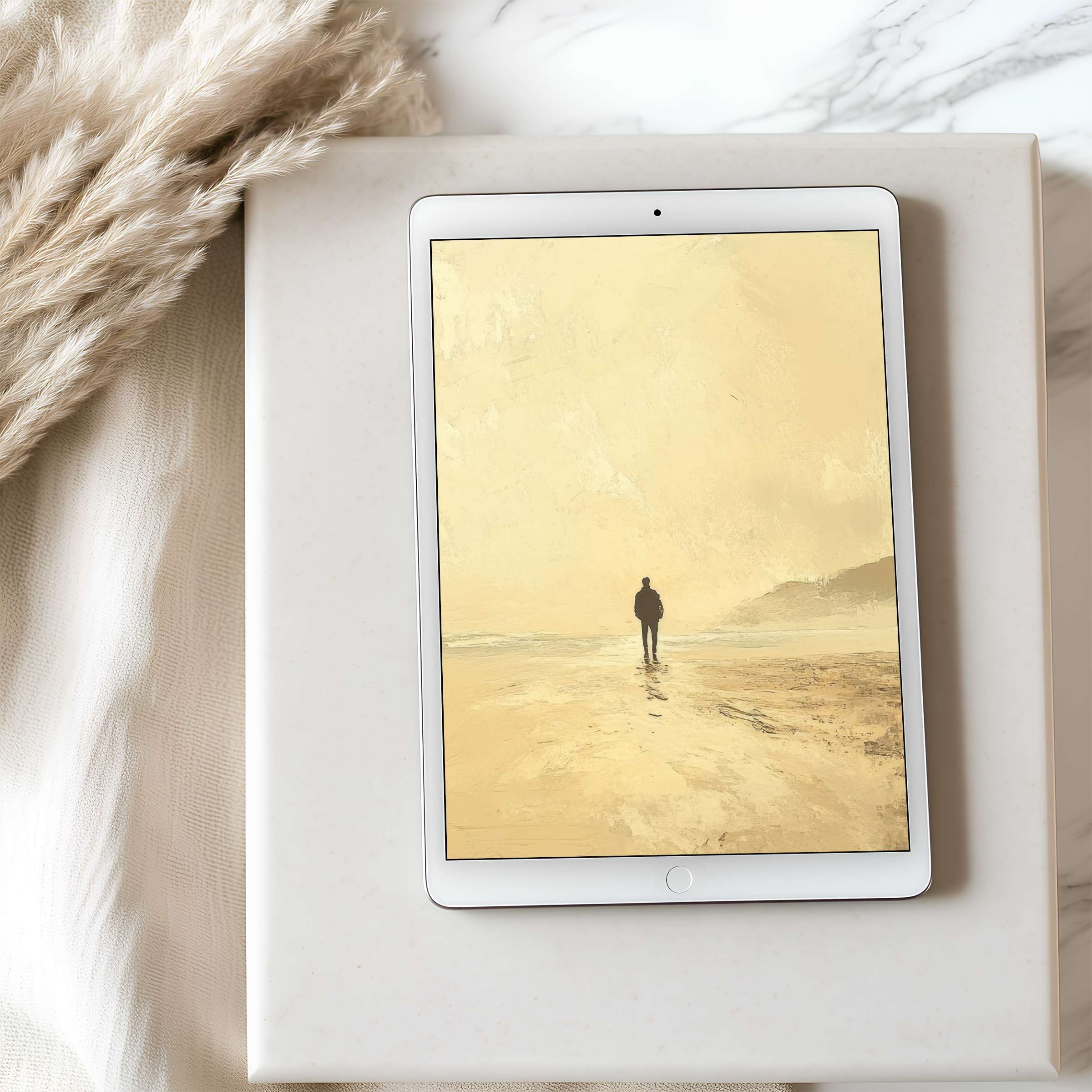 Tranquil coastal scene tablet wallpaper featuring warm golden hues and a lone figure perfect for high-resolution digital downloads on iPad