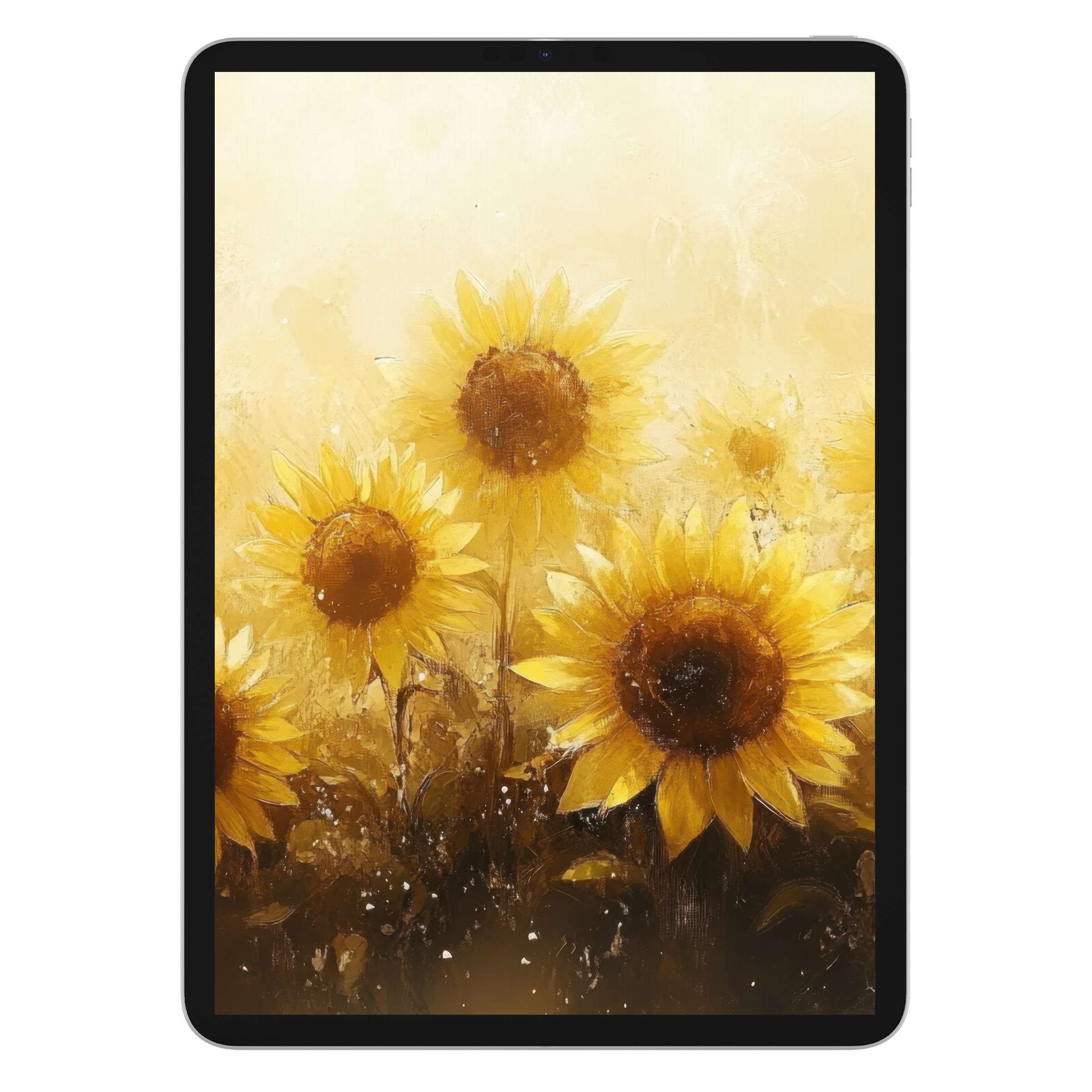 Sunny sunflower field painting creates a serene summer iPad wallpaper for tablets, offering a calming digital download background