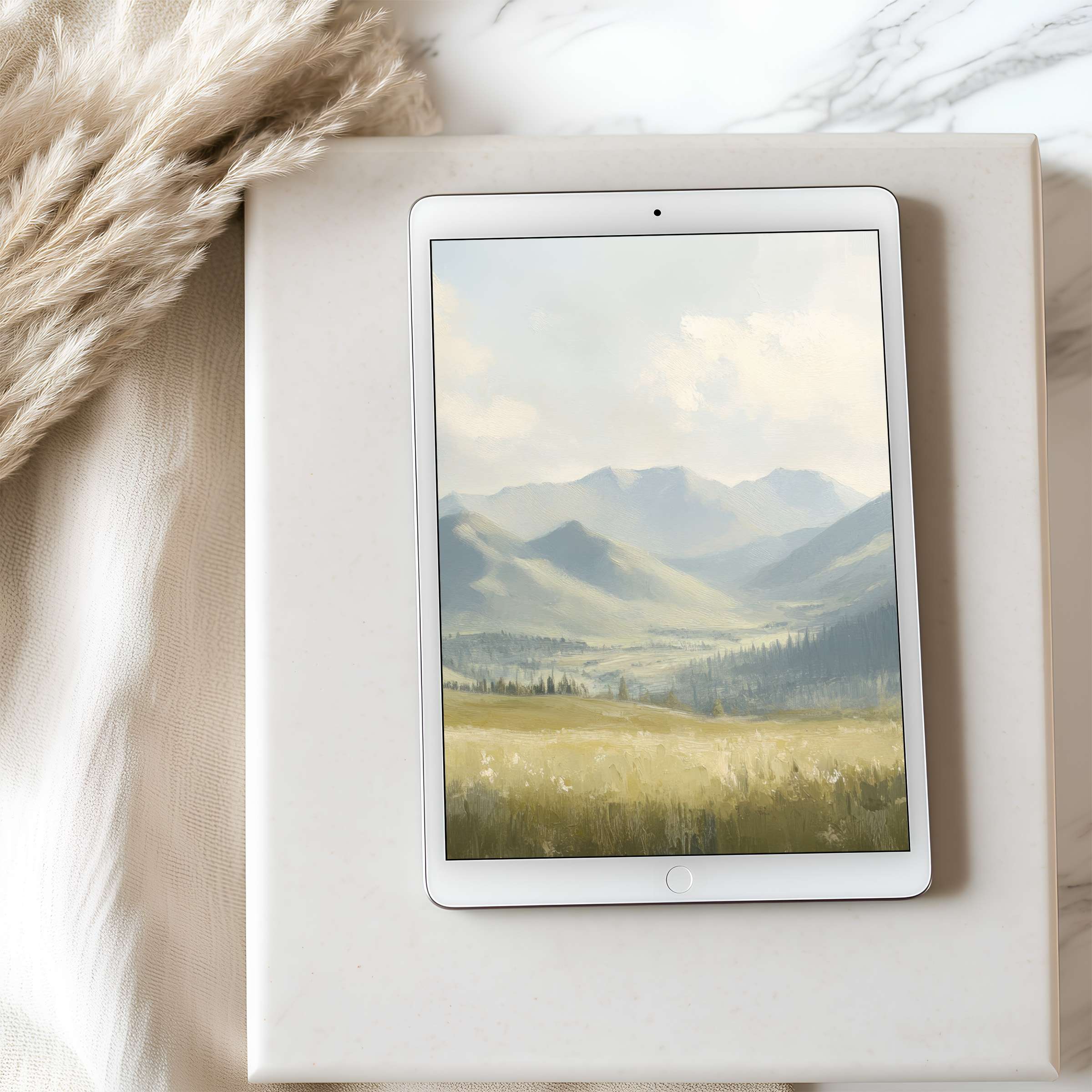 Serene mountain landscape tablet wallpaper evokes tranquility, perfect for iPad or Android, high-resolution digital download for eco-friendly decor