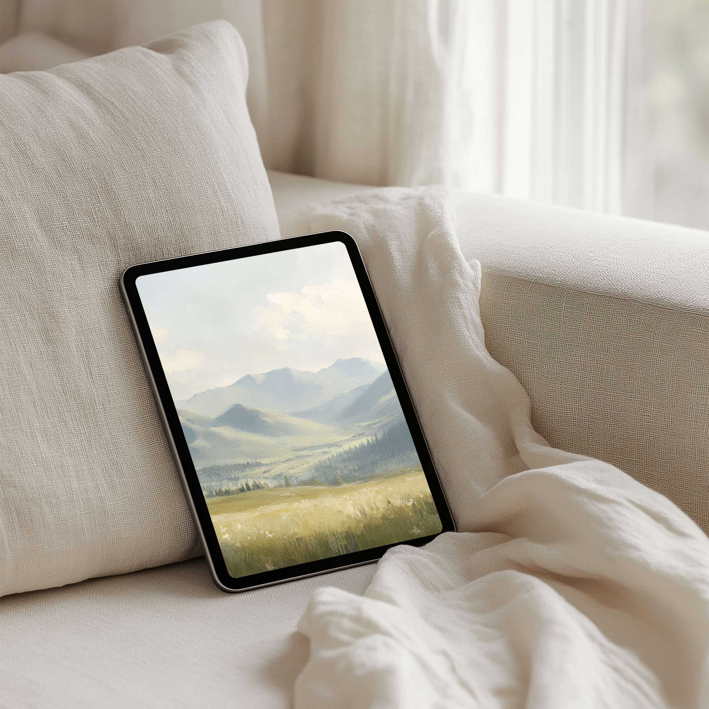 Serene landscape iPad background for instant download exudes calm elegance on tablet screens inspiring mindful interiors